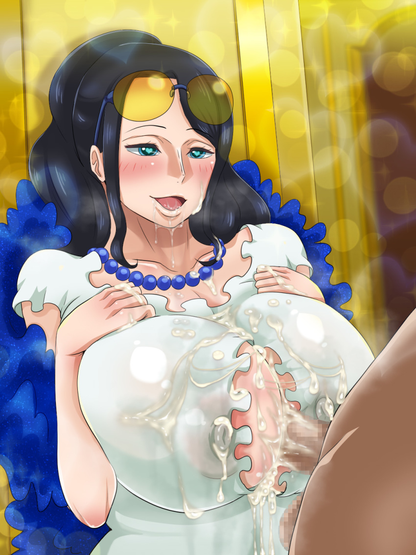 1boy, 1girls, big breasts, big penis, black hair, black-haired female, breasts, cum, cum on breasts, dark skin, dark-skinned male, dress, female, jewelry, light skin, light-skinned female, male, mikanberry, naughty face, nico robin, one piece, one piece film gold, paizuri, penis, submissive pose, sunglasses, wet clothes