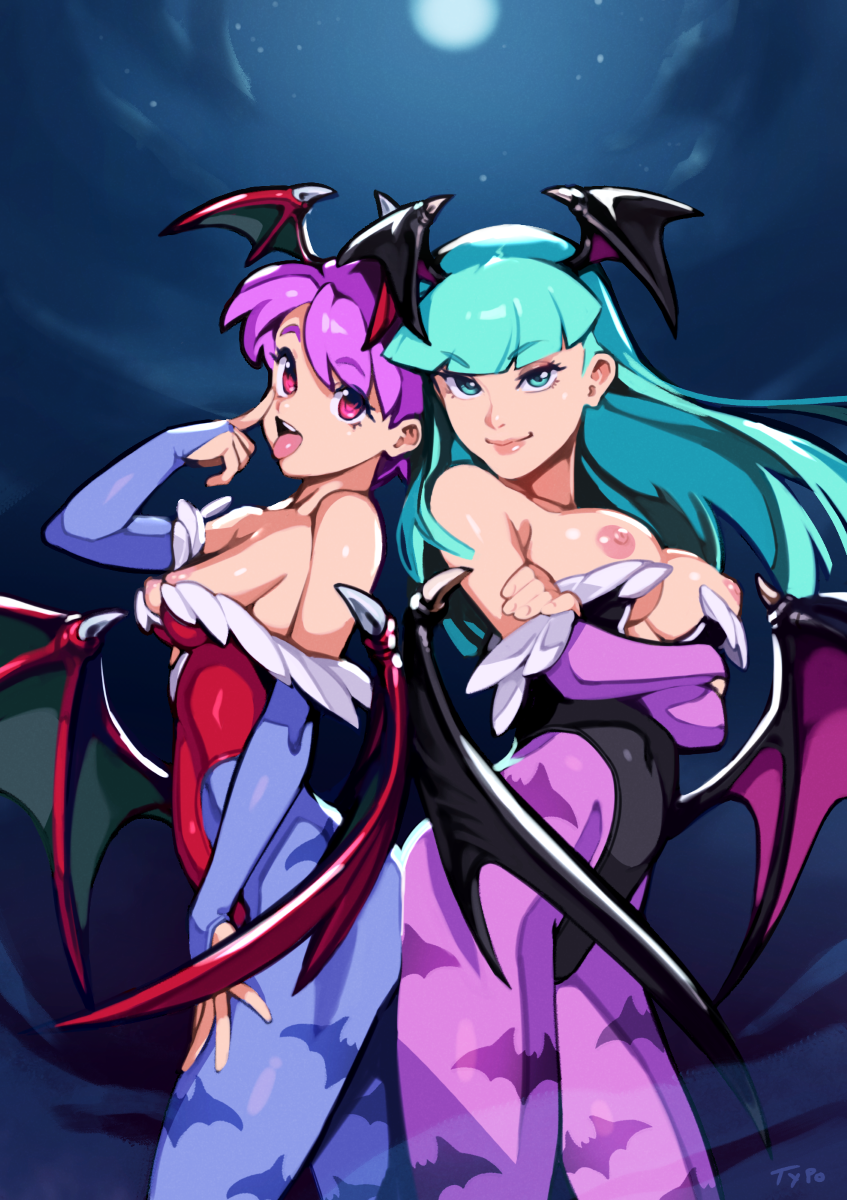 2girls areola areolae arms_crossed arms_crossed_under_breasts arms_under_breasts artist_signature bat_wings big_breasts blue_eyes breasts breasts_out capcom closed_mouth closed_smile clothing darkstalkers demon_girl eyebrows_visible_through_hair female female_only green_hair light-skinned_female light_skin lilith_aensland long_hair medium_breasts moon moonlight morrigan_aensland multiple_girls nipples open_mouth optionaltypo outdoors pink_eyes purple_hair short_hair sideboob sisters small_breasts smile succubi succubus succubus_costume succubus_wings tagme tongue tongue_out upper_teeth wings