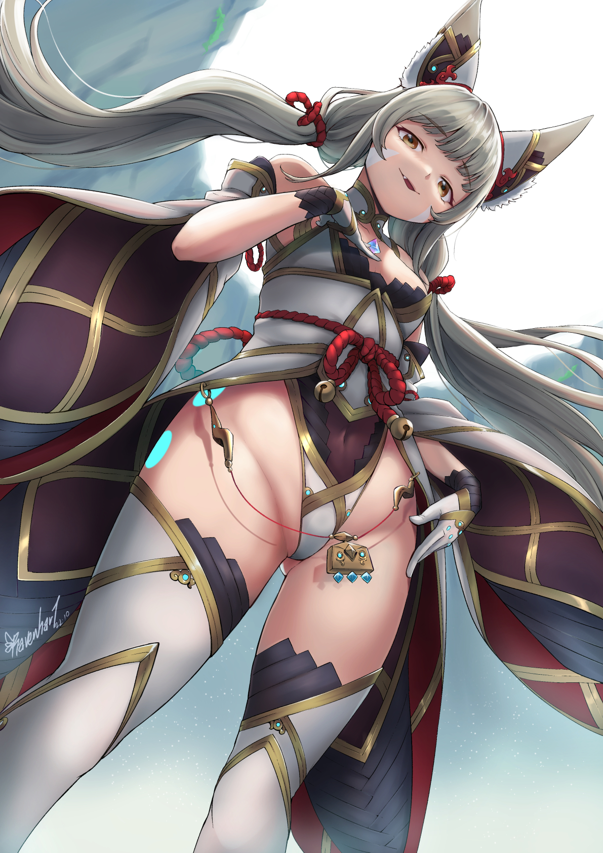 1girls, alternate costume, artist signature, bare shoulders, breasts, cat ears, cat girl, catgirl, core crystal, cute fang, dated, female, female only, fully clothed, long hair, looking at viewer, low-angle view, massive pink, nia, nia (xenoblade), nintendo, official alternate costume, open mouth, outdoors, pussy, ravenhart, revealing clothes, rocks, shaved pussy, small breasts, solo, solo female, stockings, tight clothing, twintails, very long hair, white hair, xenoblade (series), xenoblade chronicles 2, yellow eyes