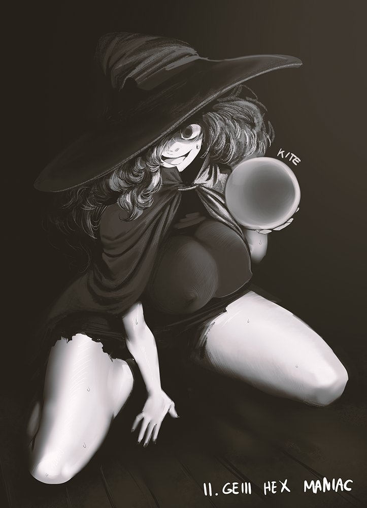 1girls big_breasts breasts covered_nipples crystal_ball female goth goth_girl hair_over_one_eye halloween halloween_costume hex_maniac hex_maniac_(gen_3) monochrome nintendo nipples nipples_visible_through_clothing npc_trainer pokemon pokemon_rse smile solo sweat thekite thick_thighs witch witch_hat