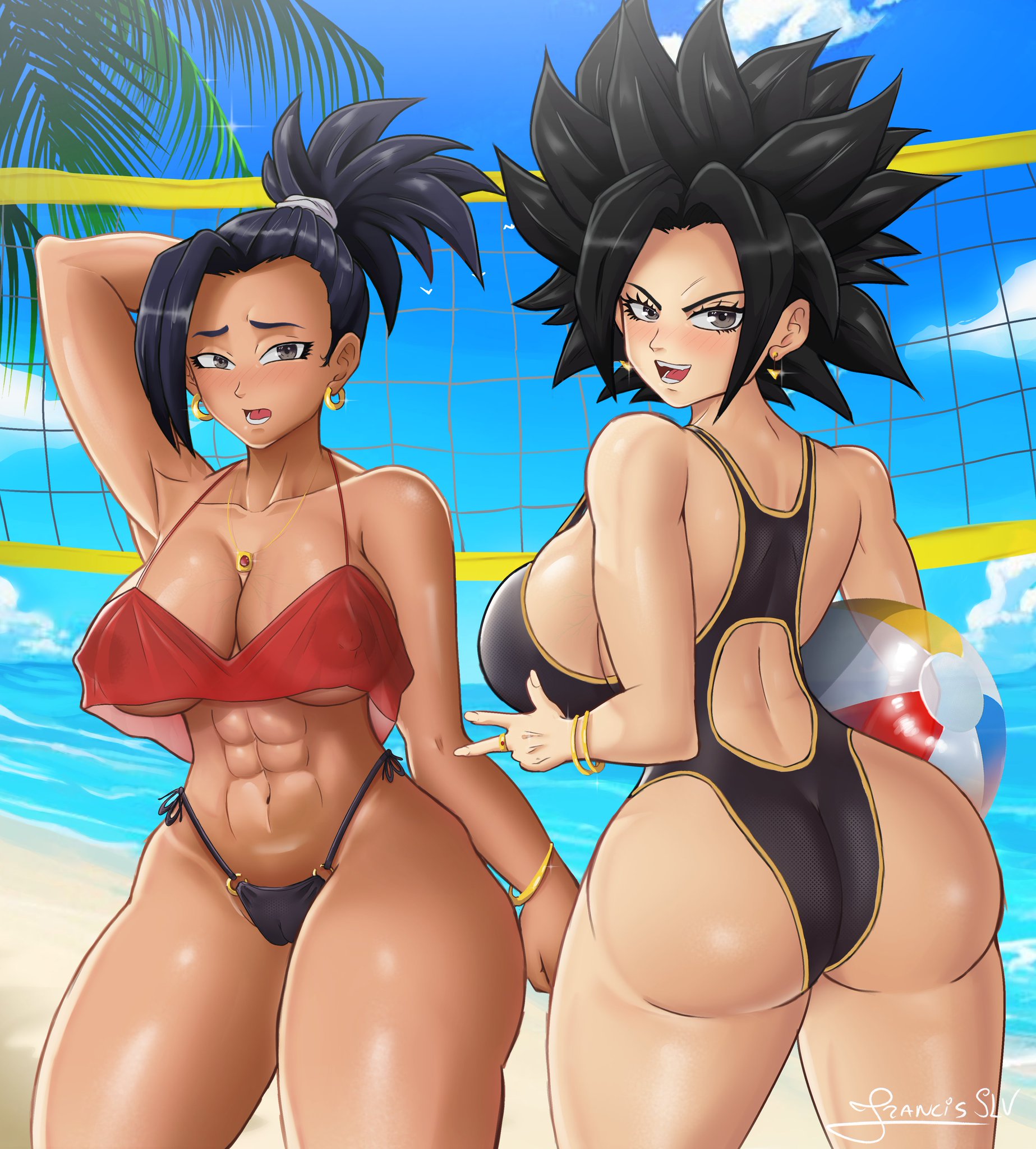 2girls, abs, arm behind head, arm up, artist name, artist signature, ass, bangs, beach, beach background, beach ball, belly button, big ass, big ass (female), big boobs, big breasts, big butt, black bikini bottom, black eyes, black hair, black one-piece bikini, black one-piece swimsuit, black swimsuit, black-eyed female, black-haired female, blush, blush lines, blushing, boobs, bracelet, bracelets, breasts, bubble ass, caulifla, covered navel, dragon ball, dragon ball super, earrings, eyelashes, female, female focus, female only, female saiyan, francis slv, gold earrings, gold necklace, gold ring, kale, light skin, light-skinned female, multiple females, multiple girls, necklace, nervous, nervous expression, nervous female, nipples, nipples bulge, nipples visible through bikini, nipples visible through clothing, ocean, ocean background, one-piece bikini, one-piece swimsuit, open mouth, open mouth smile, peace sign, red bikini top, ring, saiyan, saiyan female, sea, sea background, sideboob, single bang, spiked hair, spiky hair, swimsuit, tan body, tan skin, tan-skinned female, thick, thick ass, thick butt, thick thighs, thighs, tied hair, tongue, universe 6, universe 6 saiyan, universe 6/universe 7, v sign, volleyball, volleyball net
