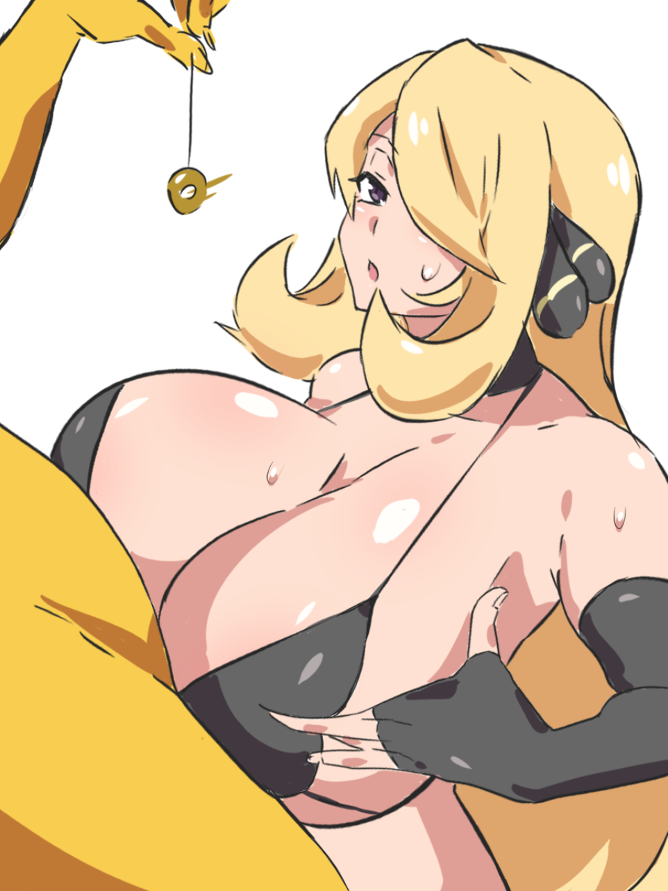 1boy, 1girls, bikini, blonde hair, breasts, choker, cleavage, cynthia (pokemon), dd (artist), female, femsub, feral pov, generation 1 pokemon, hair ornament, hair over one eye, huge breasts, hypno, hypnosis, lavender eyes, long hair, male, maledom, mind control, opera gloves, paizuri, pendulum, penis, pokemon, pokemon (species), pokephilia, pov, sweat, swimsuit