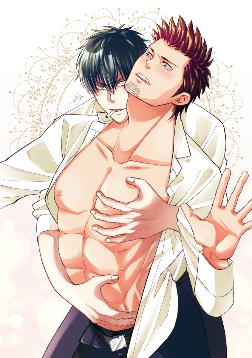 2boys abs black_hair cigarette dark_hair facial_hair from_behind gay gintama goatee groping groping_from_behind hand_on_another's_stomach hand_on_chest hand_on_stomach hijikata_toshiro kondou_isao looking_at_viewer male male_only muscular muscular_male open_shirt pec_grasp shocacao72 smile smoking stubble unbuckled_belt uniform yaoi