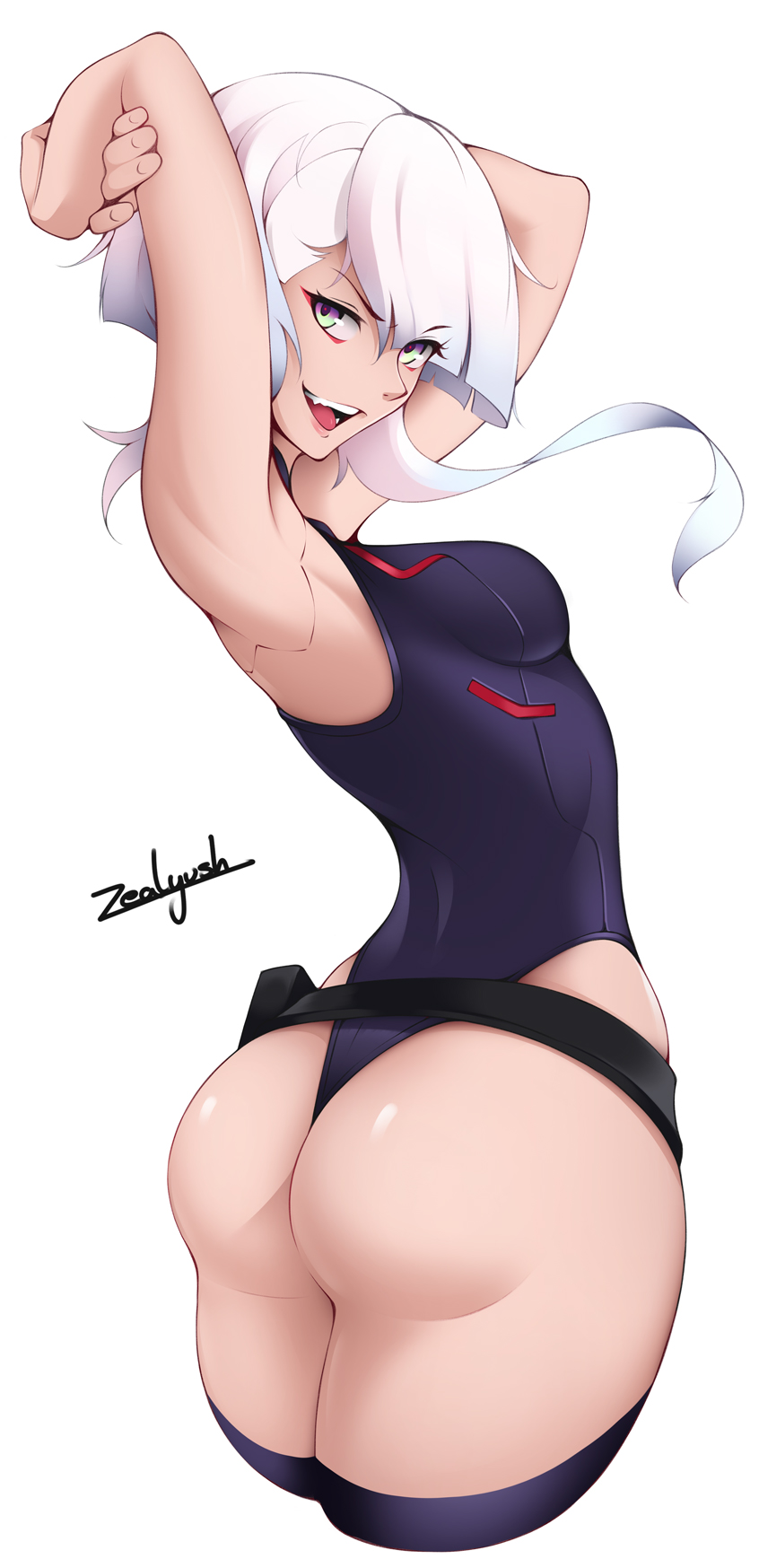 1girls, asian, asian female, ass, ass focus, big ass, big breasts, bottomless, breasts, bubble ass, bubble butt, cd projekt red, cybernetics, cyberpunk 2077, cyberpunk: edgerunners, cyborg, female, female only, leotard, light skin, light-skinned female, lucyna kushinada, netflix, nude, round ass, short hair, studio trigger, white hair, zealyush