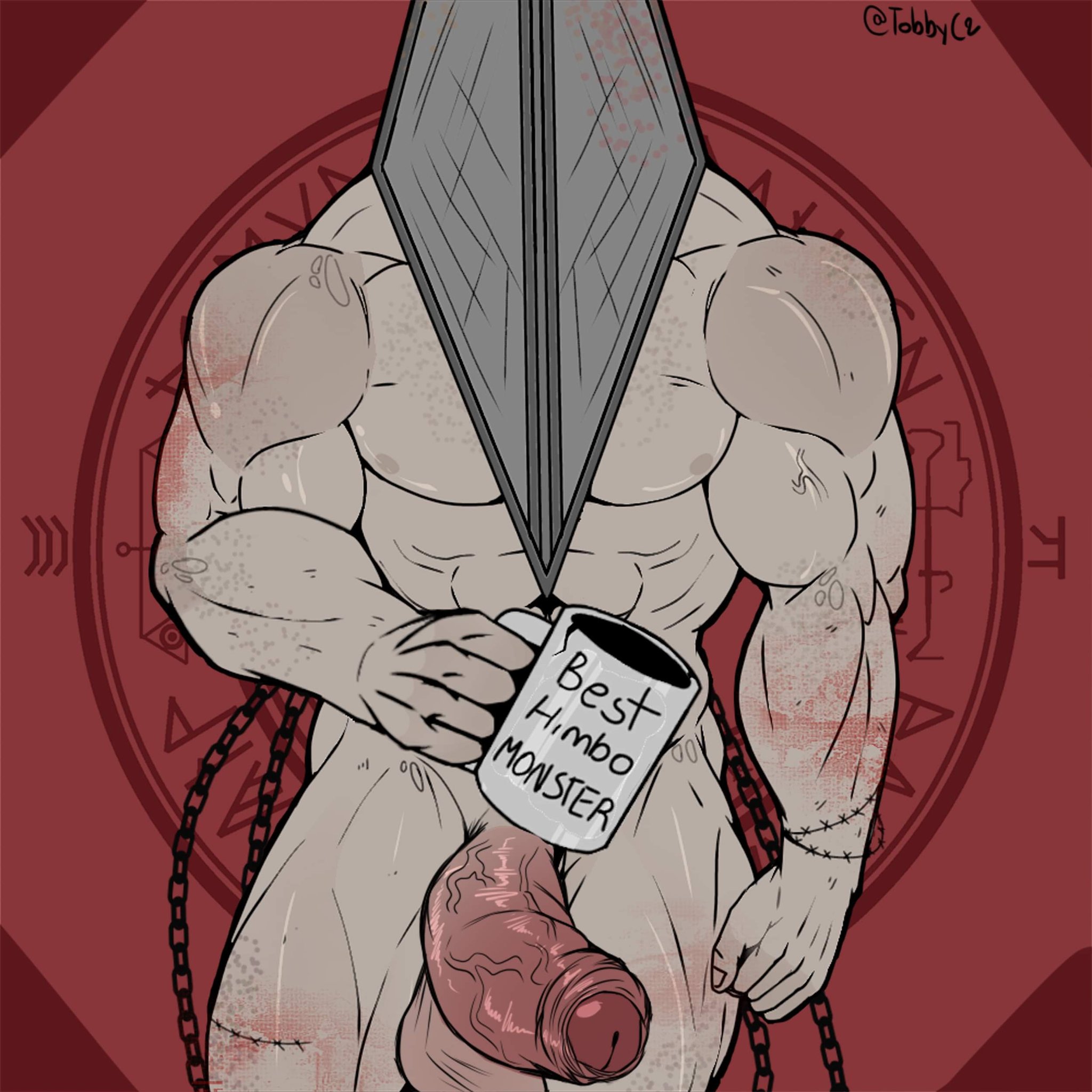 1boy, balls, bara, big balls, big penis, boner, erect penis, erection, gay, humanoid, male, male only, mug, muscles, muscular, navel, nipples, penis, pyramid, pyramid head, silent hill, silent hill 2, solo, solo male, tobbyc2, yaoi