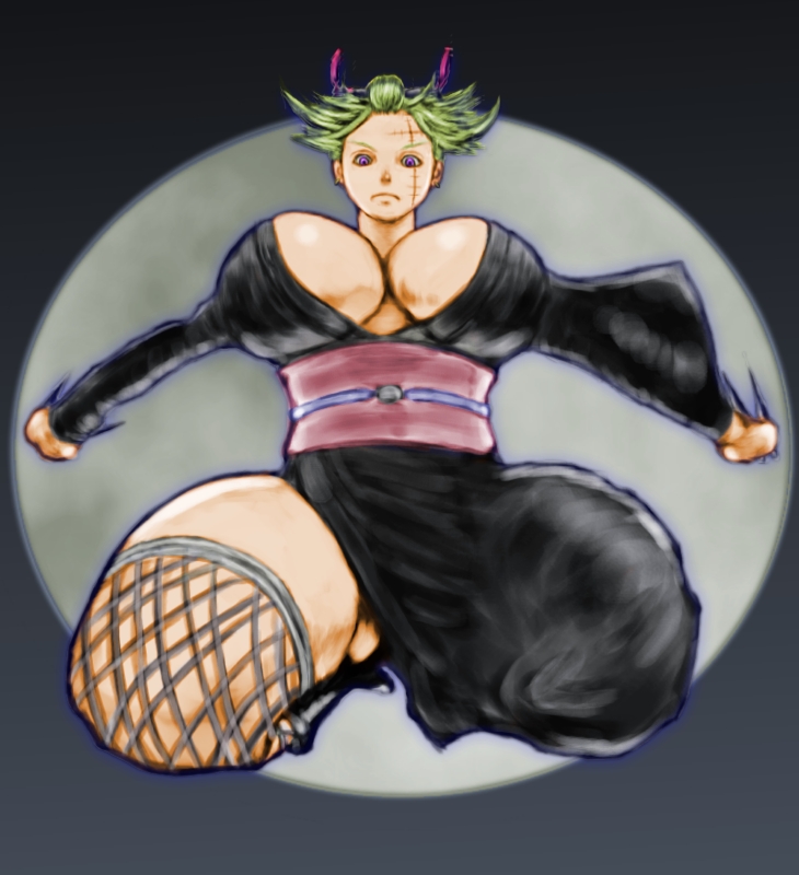 action_pose big_breasts blonde_hair cleavage facial_scar female female_only fishnet_thighhighs fishnets frown full_body gintama hair_ornament huge_breasts japanese_clothes jumping kimono looking_at_viewer no_bra obi pitbull_(artist) side_slit solo thick_thighs thighhighs tsukuyo underboob