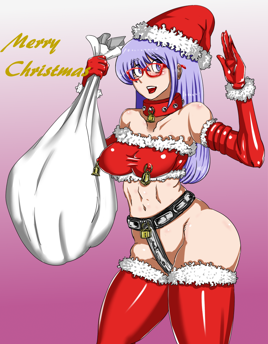 alternate_costume bandeau bell_collar bubble_butt chastity chastity_belt chastity_device christmas_outfit christmas_tree collar cowboy_shot elbow_gloves female female_chastity female_only fur_trim gintama glasses gloves lavender_hair long_hair masochist medium_breasts nipple_bulge nipple_piercing oniyanmasensei open_mouth pierced_through_clothes purple_eyes purple_hair red-framed_glasses red_gloves red_thighhighs santa_costume santa_hat sarutobi_ayame smile solo thick_thighs thighhighs tight_clothing tubetop wide_hips