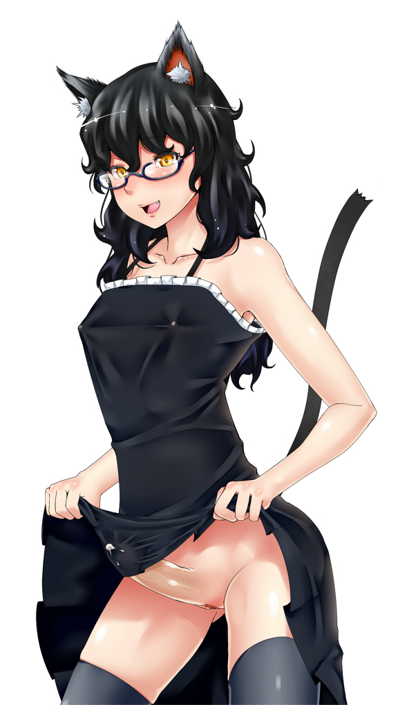 1futa animal_ears black_hair blush cat_ears dress erect_nipples futa_only futanari glasses icebox intersex no_panties open_mouth penis precum pussy skirt_lift solo tail thighhighs vagina yellow_eyes