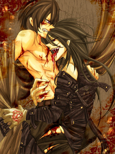 2boys alucard_(hellsing) blood fangs hellsing multiple_boys vampire walter_c._dornez yaoi