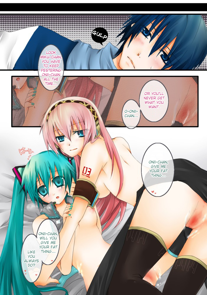 1boy 2girls blue_eyes blue_hair blush breasts censored english english_dialogue english_language english_text english_translation green_hair hard_translated hatsune_miku headset kaito_(vocaloid) kaito_v1 lesbian long_hair megurine_luka nail_polish nipples nude pink_hair pussy short_hair text thighhighs tied_hair translated twintails very_long_hair vocaloid vocaloid_1 vocaloid_2 yuri