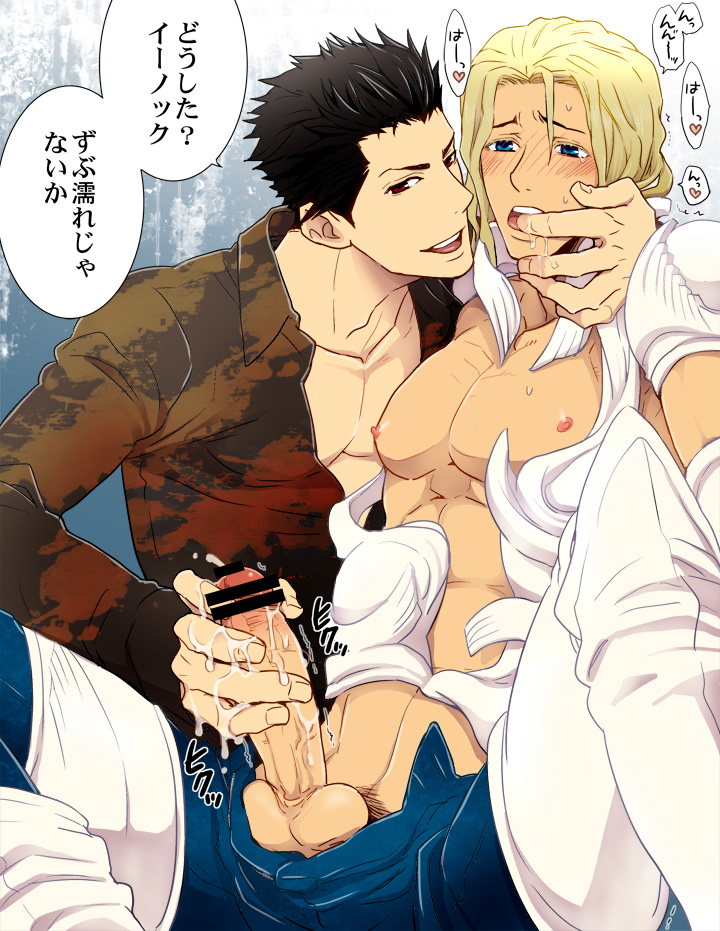 2boys black_hair blonde_hair blue_eyes blush cum el_shaddai enoch finger_in_mouth handjob lucifel_(el_shaddai) multiple_boys open_clothes open_shirt penis red_eyes saliva shirt sweat sweatdrop testicles yaoi