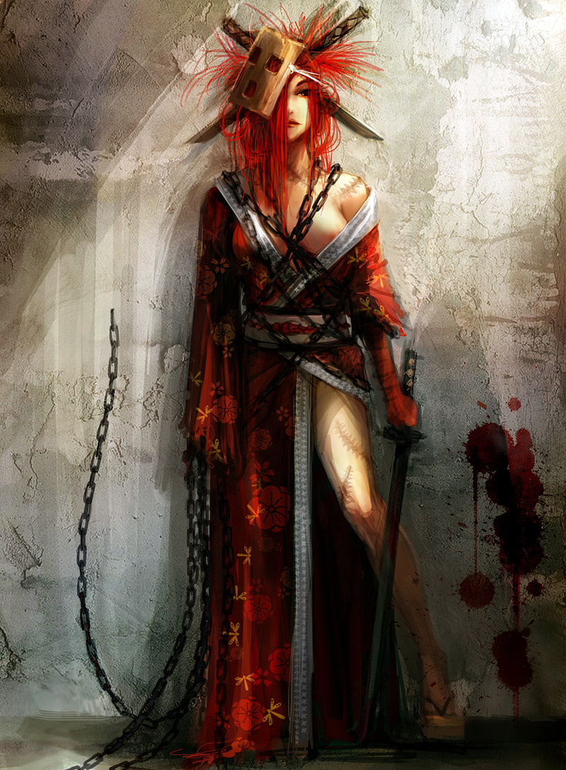 areola_slip areolae beige_skin blood blood_splatter blood_stain bloody_sword chains closed_mouth clothes color female female_only footwear front_view hair japanese_clothes katana mask nipple_slip nipples original overhand_grip red_blood red_eyes red_hair scar solo standing stein stitches sword wall weapon