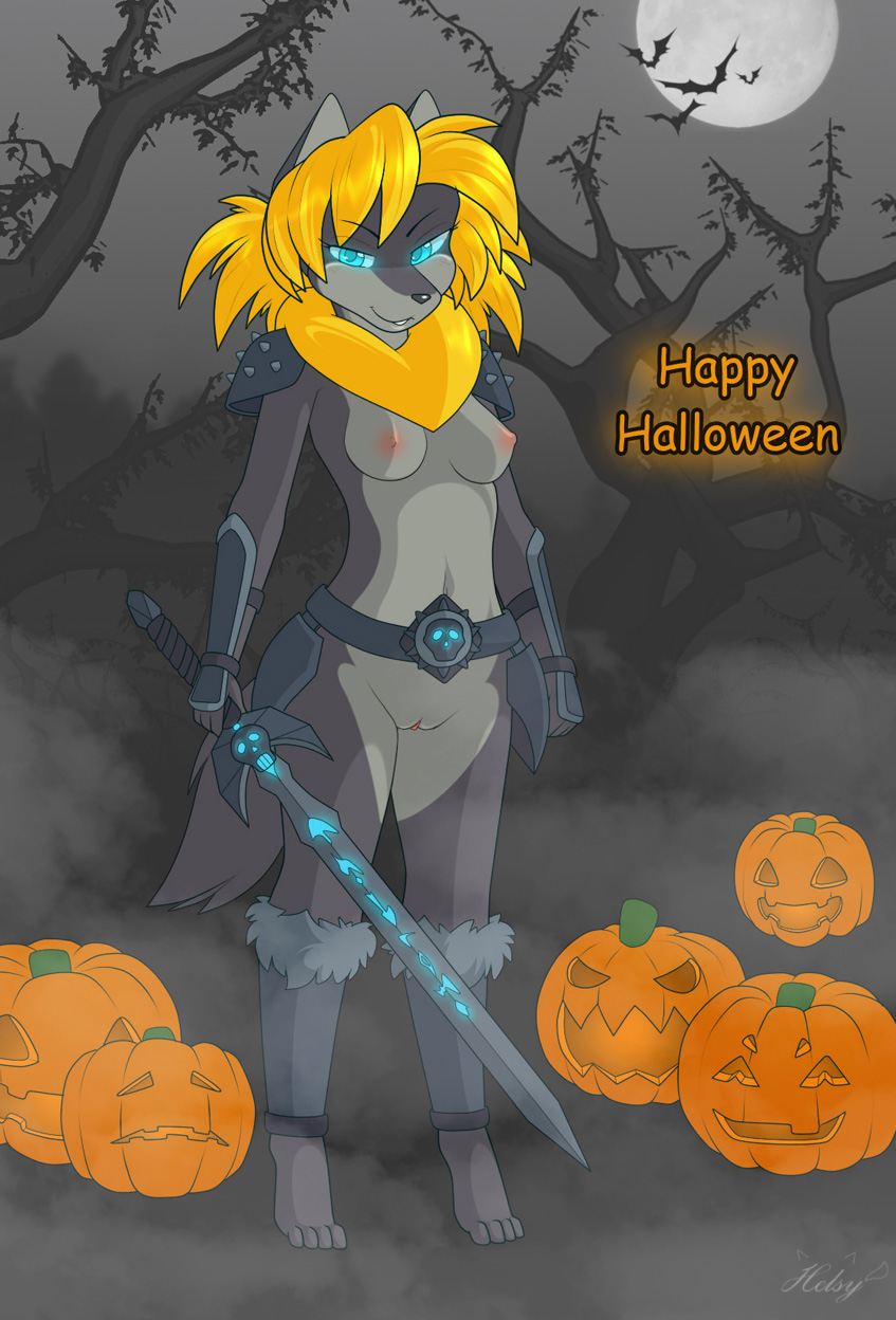 anthro breasts canine female fur furry halloween helsy lafille looking_at_viewer nude pussy solo unconvincing_armor wolf