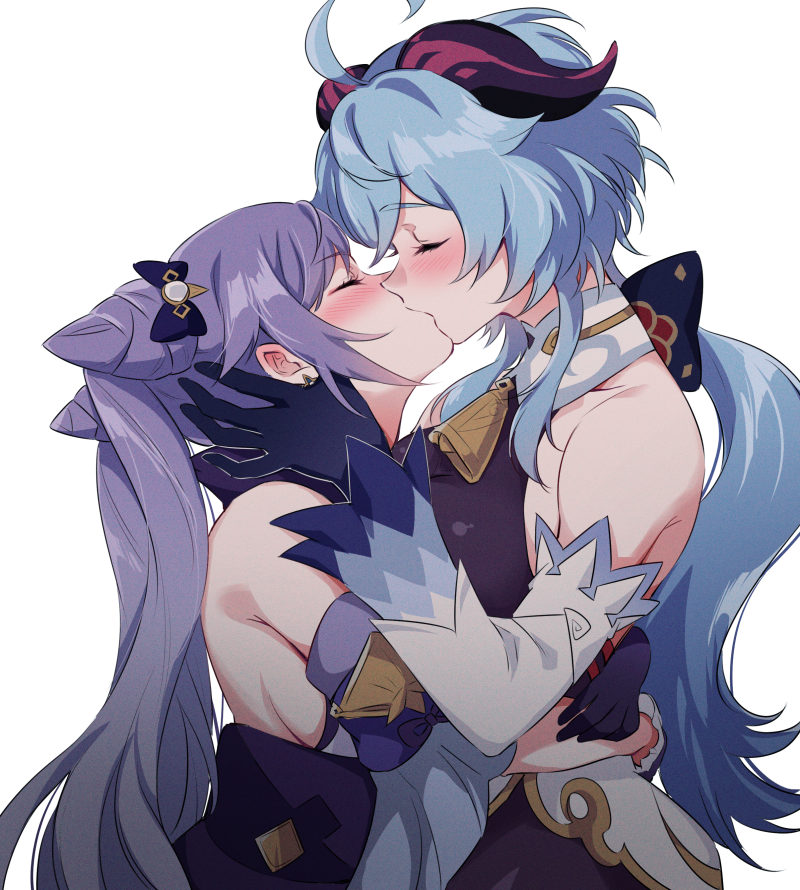 2girls ahoge animal_ears bare_shoulders blue_hair closed_eyes cowbell detached_sleeves female female_only ganqing ganyu_(genshin_impact) genshin_impact gloves goat_horns horns hugging keqing_(genshin_impact) kissing long_hair multiple_girls negom purple_hair ribbon wholesome yuri