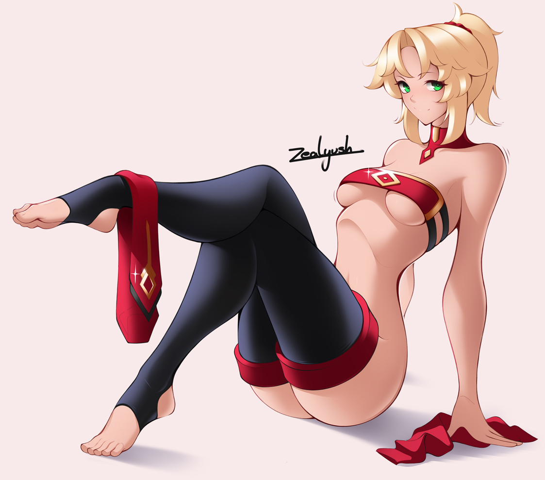 1girls, ass, barefoot, blonde hair, breasts, fate (series), fate/grand order, feet, female, female only, light skin, light-skinned female, mordred (fate), small breasts, stirrup legwear, toes, underboob, zealyush