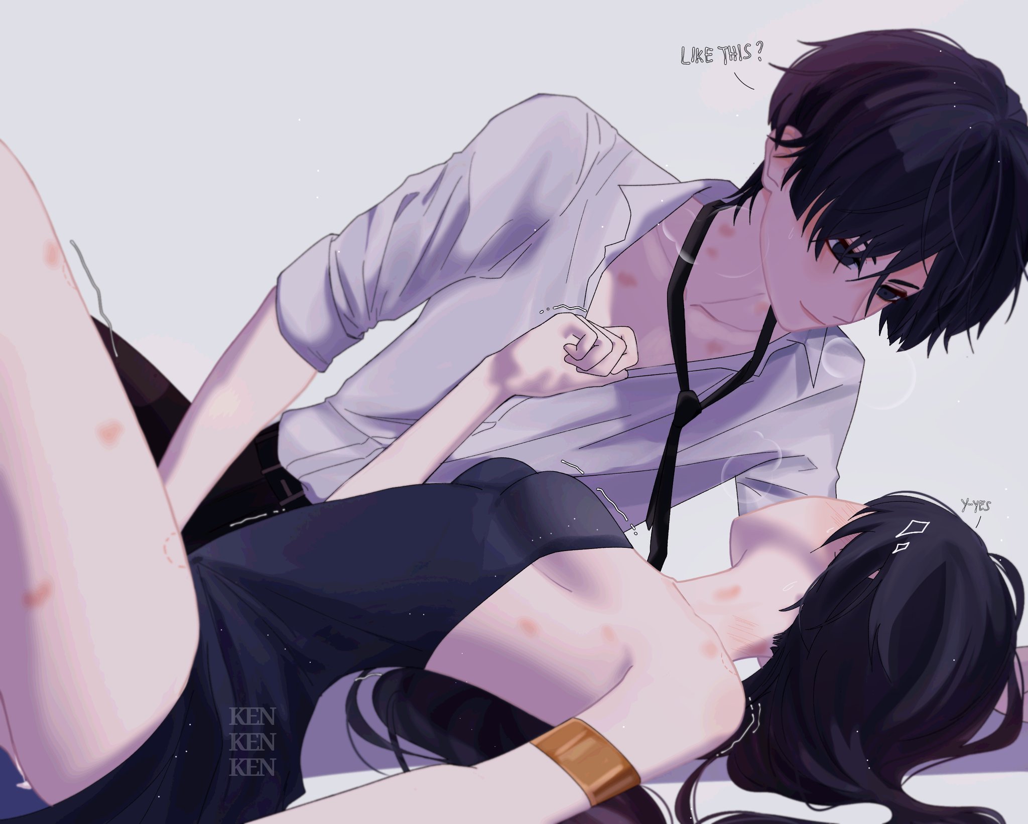 1boy, 1girls, arched back, female, fingering, genshin impact, heavy breathing, hickey, hickey marks, implied fingering, kiss mark, lying on back, male, male/female, mona (genshin impact), moriko ken11, scaramouche (genshin impact), shaking, straight, text, tight clothing, trembling