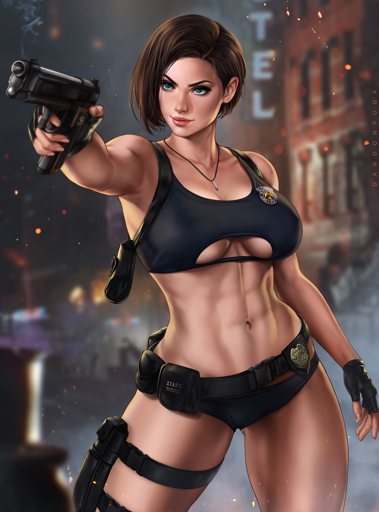 abs badge belt big_breasts blue_eyes bra breasts brown_hair capcom cleavage dandon_fuga firearm gloves gun handgun handwear harness holster jill_valentine jill_valentine_(sasha_zotova) large_breasts panties pistol resident_evil resident_evil_3 resident_evil_3_remake s.t.a.r.s short_hair smoking_gun strap thick_thighs toned toned_female topwear underboob weapon