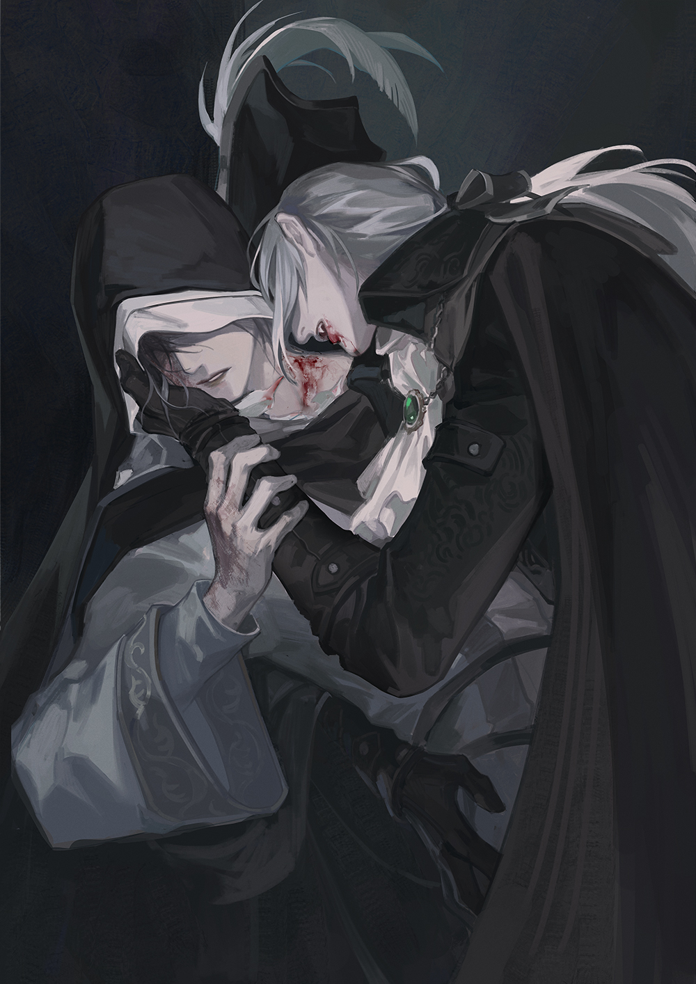 2girls agongzibile bite bite_mark bite_mark_on_shoulder blood bloodborne clothing dark_souls dark_souls_3 drinking_blood female female_only fromsoftware lady_maria_of_the_astral_clocktower sister_friede vampire yuri