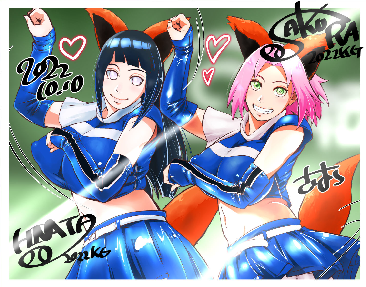 2girls, arm warmers, armwear, belly, belly button, big breasts, blue hair, blush, bob cut, breasts, busty, cheerleader, cheerleader outfit, cheerleader uniform, clothed, clothing, cosplay, crop top, cute, erect nipples, fake animal ears, fake tail, female, female focus, female only, fox ears, fox tail, fully clothed, green eyes, haruno sakura, hi res, highres, hyuuga hinata, kurama (cosplay), large breasts, light skin, light-skinned female, lips, lipstick, long hair, looking at viewer, naruto, naruto (series), naruto shippuden, nipple bulge, nipples, pale skin, pale-skinned female, petplay, pink hair, pink lips, pink lipstick, pose, posing, purple eyes, sakura haruno, short skirt, shoulder length hair, shounen jump, skirt, smile, smiling, smiling at viewer, standing, sunahara wataru, voluptuous, wide hips
