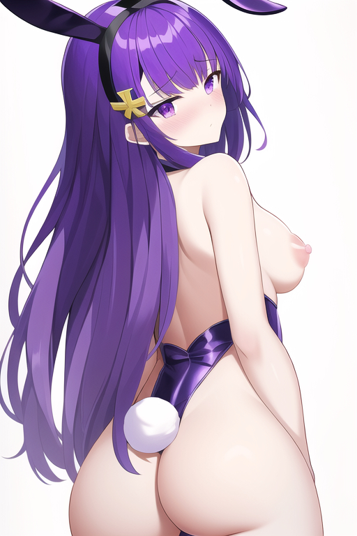 1girls, ai generated, ass, ass focus, back view, breasts, breasts out, bubble ass, bubble butt, bunny ears, bunny girl, bunny tail, bunnysuit, female, genshin impact, highleg leotard, large ass, large breasts, leotard, light skin, light-skinned female, long hair, nai diffusion, nipples, purple eyes, purple hair, raiden shogun, stable diffusion, very long hair