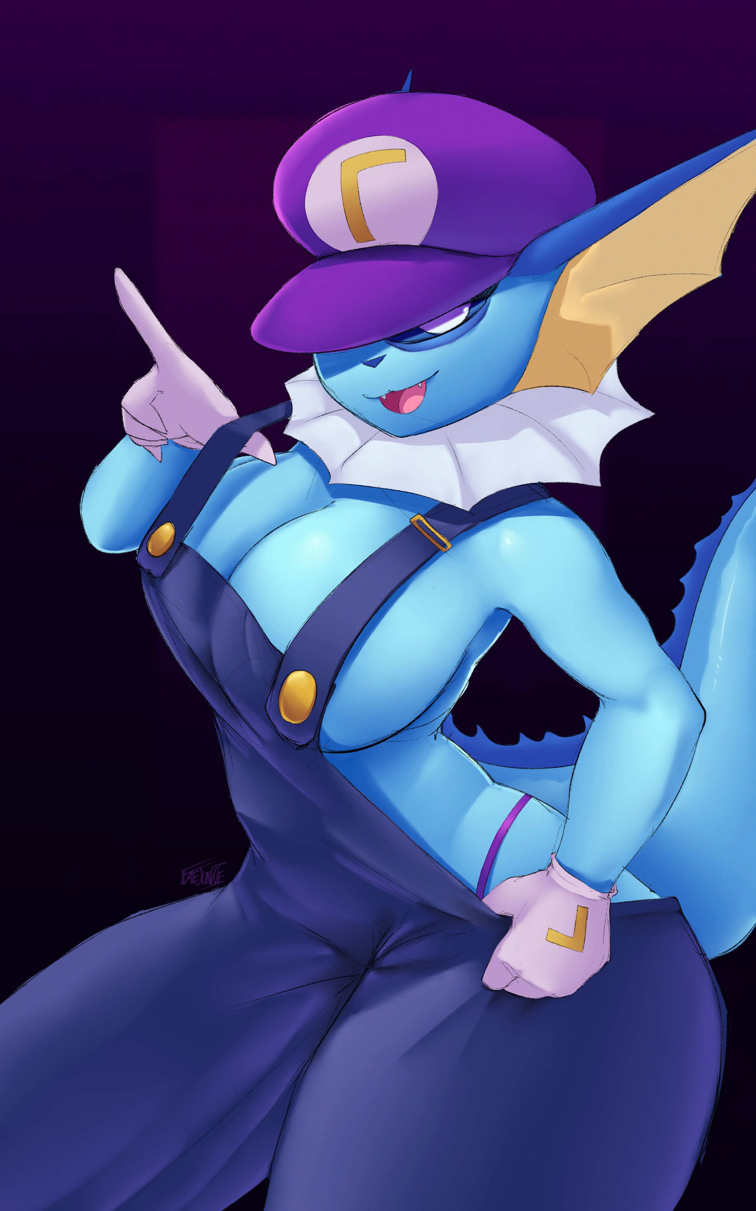 1girls, absurd res, anthro, big breasts, black background, breasts, cosplay, costume, eeveelution, faejunkie, female, female only, huge breasts, looking at viewer, mario (series), nintendo, pokémon (species), pokemon, pokemon (species), solo, thick thighs, vaporeon, waluigi (cosplay)
