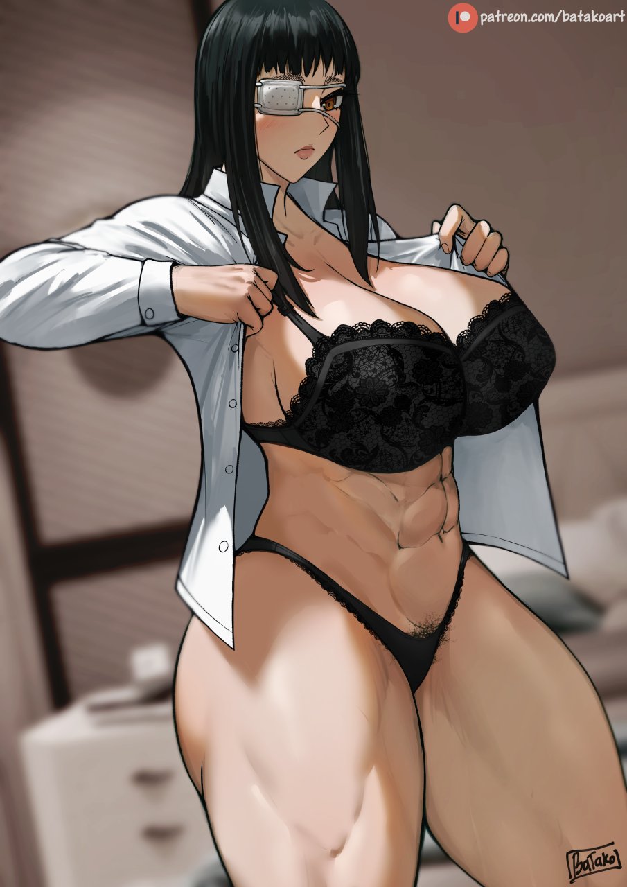 abs artist_name ass batako batako_(pixiv54063972) bedroom black_bra black_hair black_panties blush bra breasts collared_shirt eyepatch female highres huge_ass jormungand large_breasts long_hair looking_at_viewer medical_eyepatch muscular muscular_female panties patreon_username shirt sofia_valmer solo thick_thighs thighs underwear undressing white_shirt