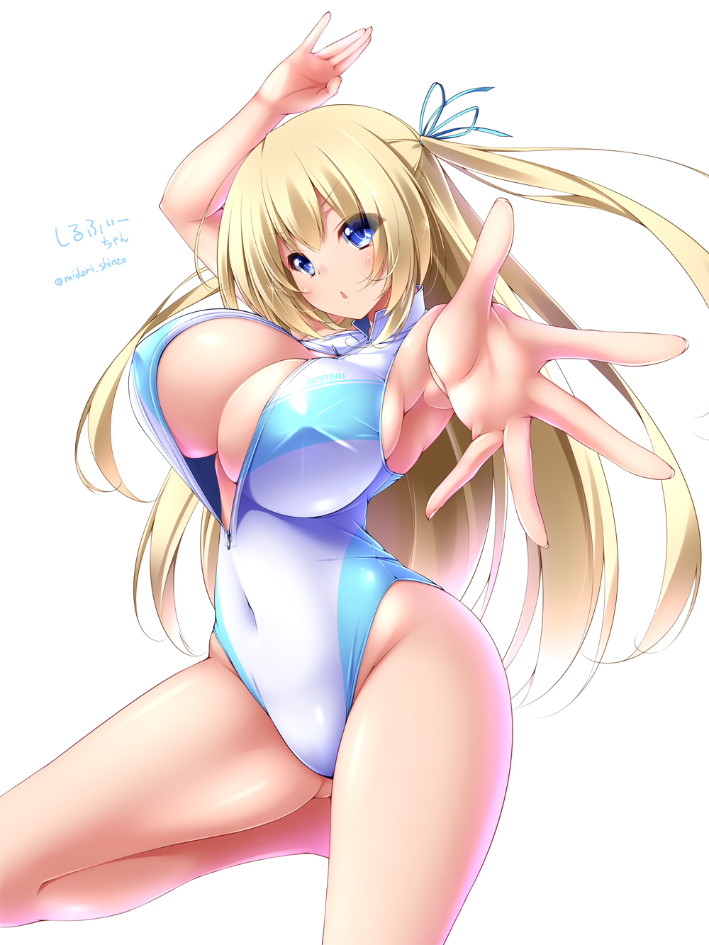 1girls amagi_brilliant_park ass ass_visible_through_thighs blonde_hair blue_eyes blush cleavage fairy huge_breasts long_hair looking_at_viewer midoriiro_no_shinzou navel_line one-piece_swimsuit open_mouth simple_background solo swimsuit sylphy_(amaburi) tied_hair twintails white_background