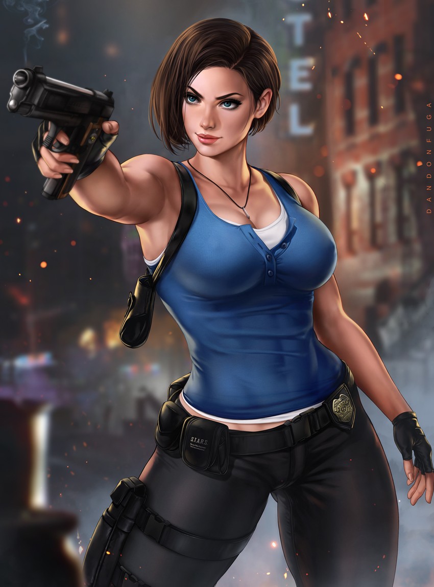 artist_name badge belt belt_pouch big_breasts black_pants blue_tank_top breasts brown_hair building capcom cleavage clothing commentary_request covered_nipples dandon_fuga denim denim_clothing denim_jeans female fingerless_gloves fire firearm gloves gun handgun handwear highres holding holding_gun holding_weapon holster human jeans jewelry jill_valentine jill_valentine_(sasha_zotova) legs_apart legwear medium_breasts necklace neckwear pale_skin pants partially_unbuttoned police_badge pouch public resident_evil resident_evil_3 resident_evil_3_remake s.t.a.r.s shoulder_holster smoke solo tank_top thigh_holster weapon