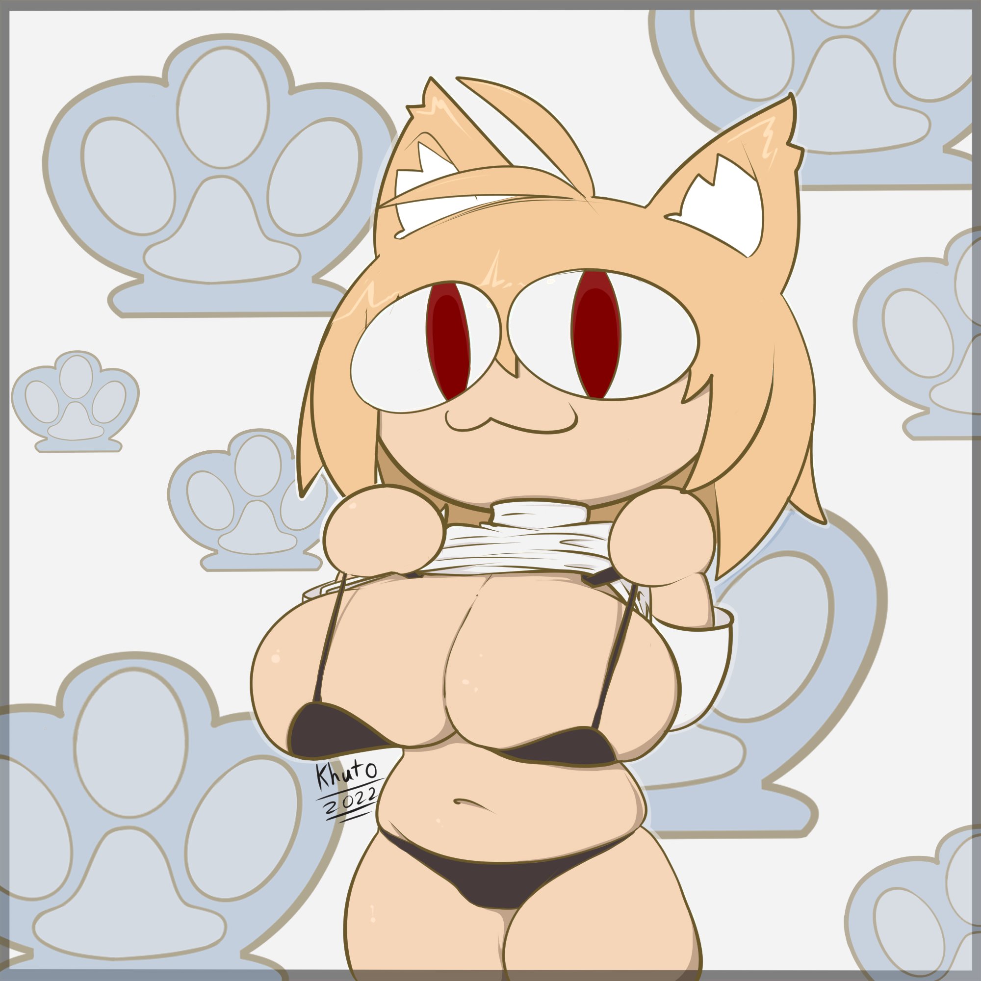 :3, 1girls, 2d, animal ears, anthro, big breasts, bikini, breasts, cat ears, exposed breasts, female, female only, huge breasts, khuto, lifted shirt, looking at viewer, melty blood, neco-arc, smile, solo, tsukihime, type-moon