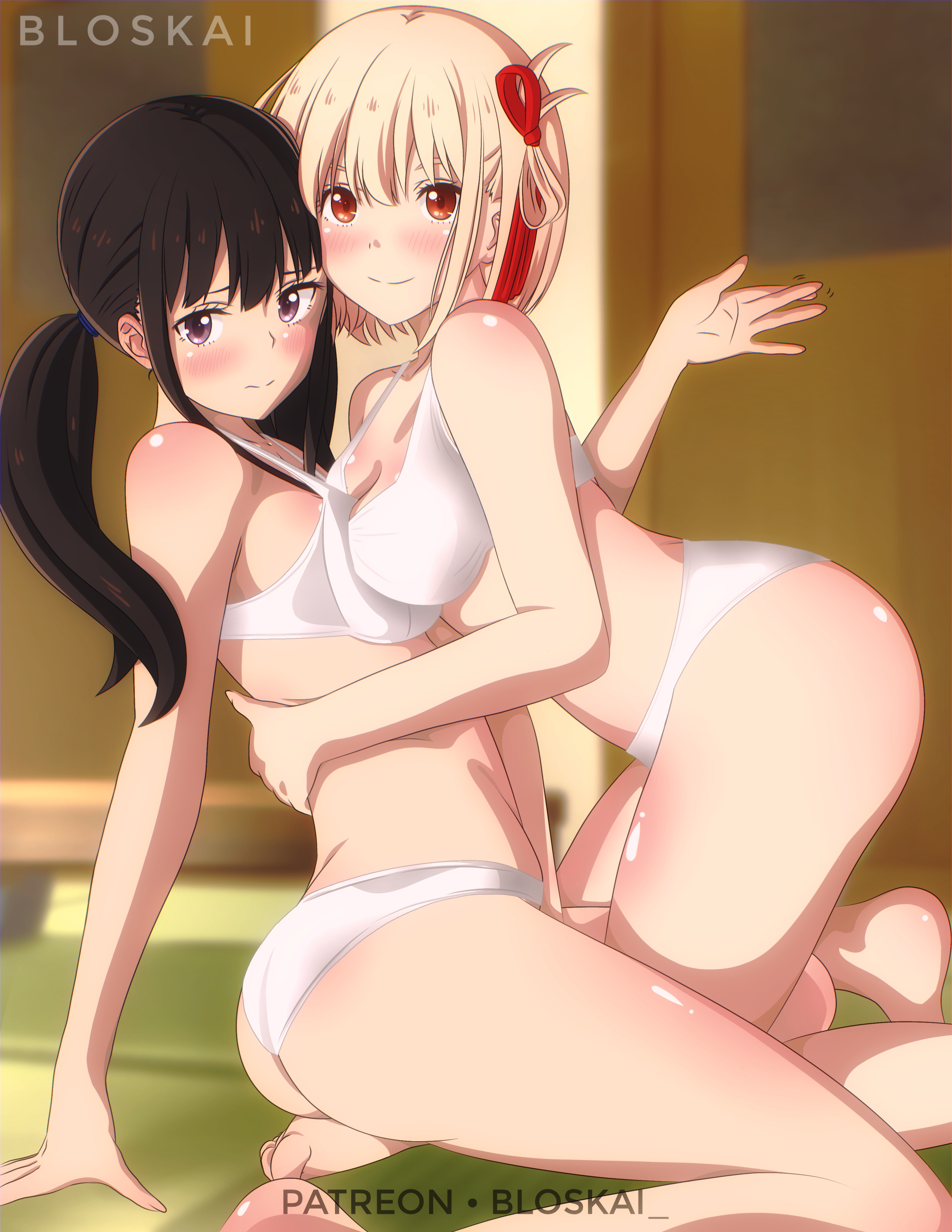 2girls, black hair, blonde female, blonde hair, bloskai, blush, couple, female, hi res, highres, inoue takina, lycoris recoil, nishikigi chisato, pants, purple eyes, red eyes, white panties, white underwear, yuri