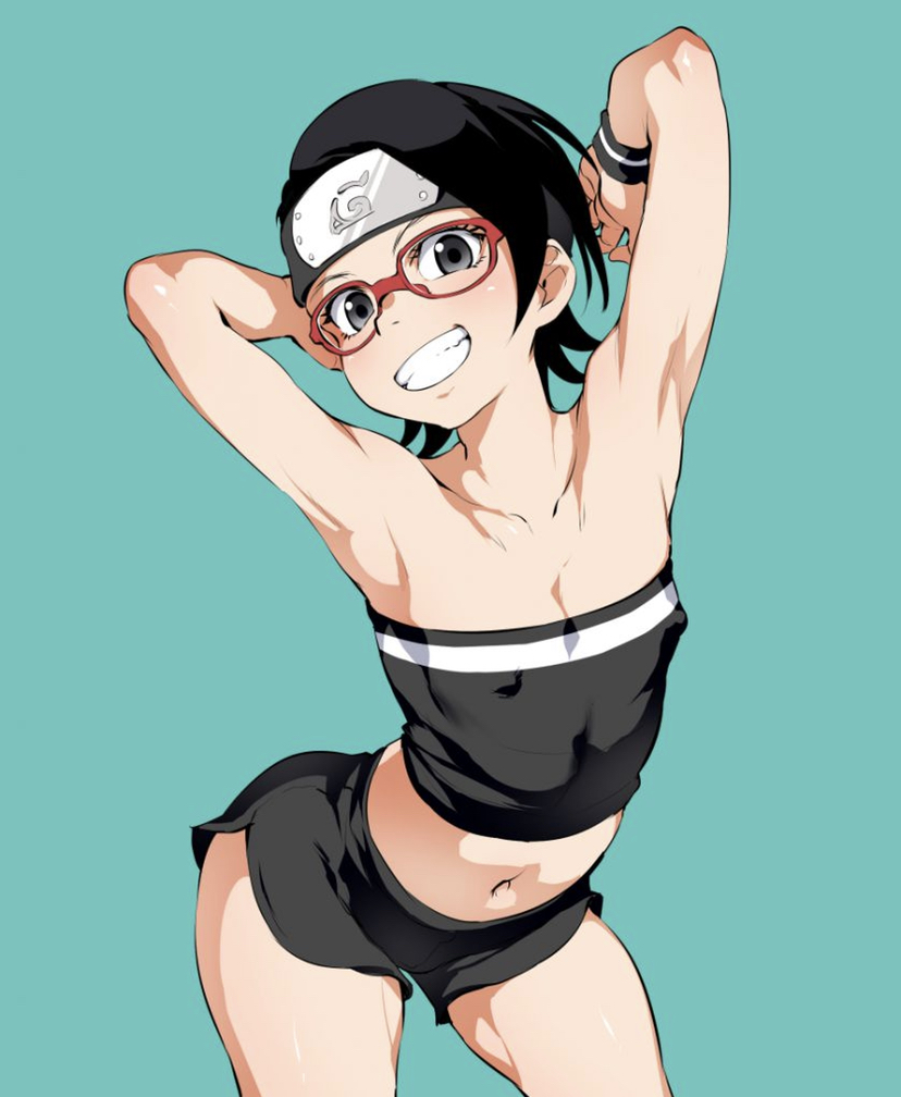 1girls armpits arms_up belly_button black_eyes black_hair booty_shorts boruto:_naruto_next_generations clenched_teeth crop_top erect_nipples erect_nipples_under_clothes female female_focus female_only flat_chest forehead_protector funnyari glasses happy headband legs light-skinned_female light_skin looking_at_viewer minishorts muscular_thighs naruto naruto_(series) nipple_bulge nipples_visible_through_clothing pale-skinned_female pale_skin petite pinup pose posing sarada_uchiha shorts shounen_jump sleeveless_shirt small_breasts smile smiling smiling_at_viewer solo solo_female solo_focus standing teeth thighs tight_clothing tube_top tubetop wide_hips wristband