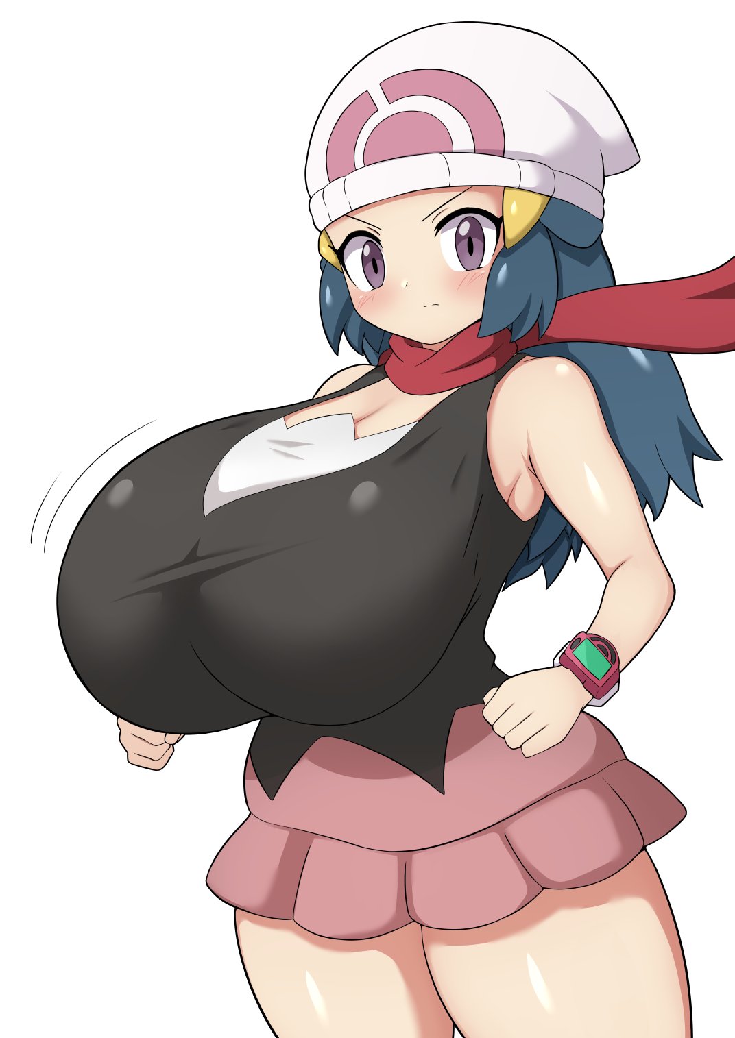 1girls, alternate breast size, big breasts, breasts, clothed, dawn (pokemon dp), dawn (pokemon), female, female only, human, jaga334, jiggling breasts, jpeg, nintendo, pokemon, pokemon dppt, scarf, short skirt, solo, thick thighs