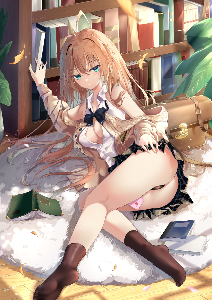 1girls alternate_costume arino_ayarei azur_lane beige_cardigan big_breasts black_panties blue_eyes bowtie breasts brown_hair cleavage eyebrows_visible_through_hair female female_only floating_leaves fully_clothed impero_(azur_lane) impero_(languid_librarian)_(azur_lane) lifting_skirt light-skinned_female light_skin long_hair love_letter official_alternate_costume panties sardegna_empire_(azur_lane) skirt sleeveless_shirt solo