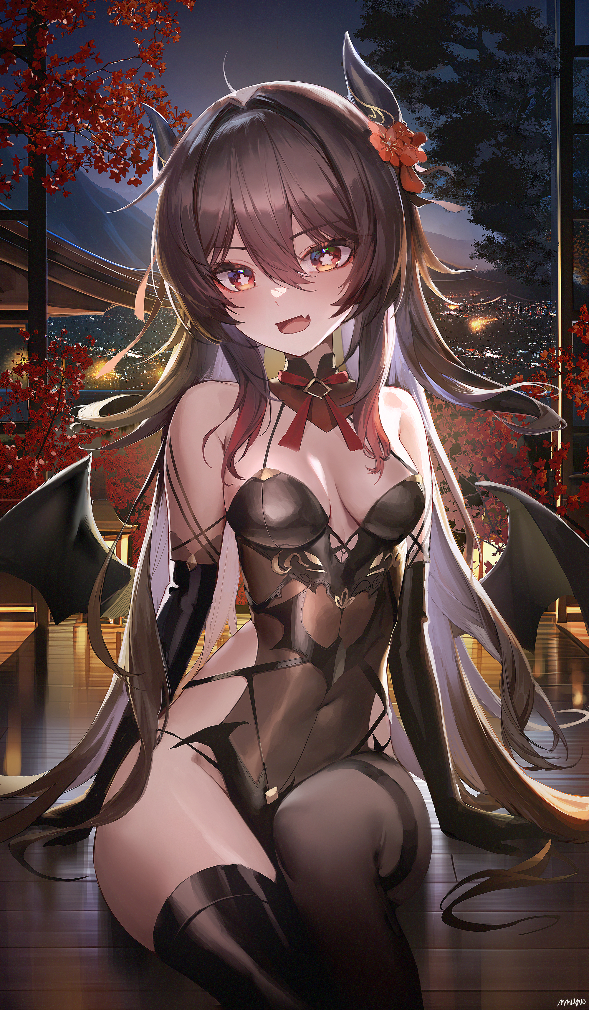 1girls, bare shoulders, black leotard, breasts, brown hair, demon, demon girl, demon horns, elbow gloves, female, genshin impact, halloween, halloween costume, hi res, horn, hu tao (genshin impact), leotard, looking at viewer, mmlyno, night, red eyes, revealing clothes, sitting, smile, succubus, thighhighs, twintails, wings