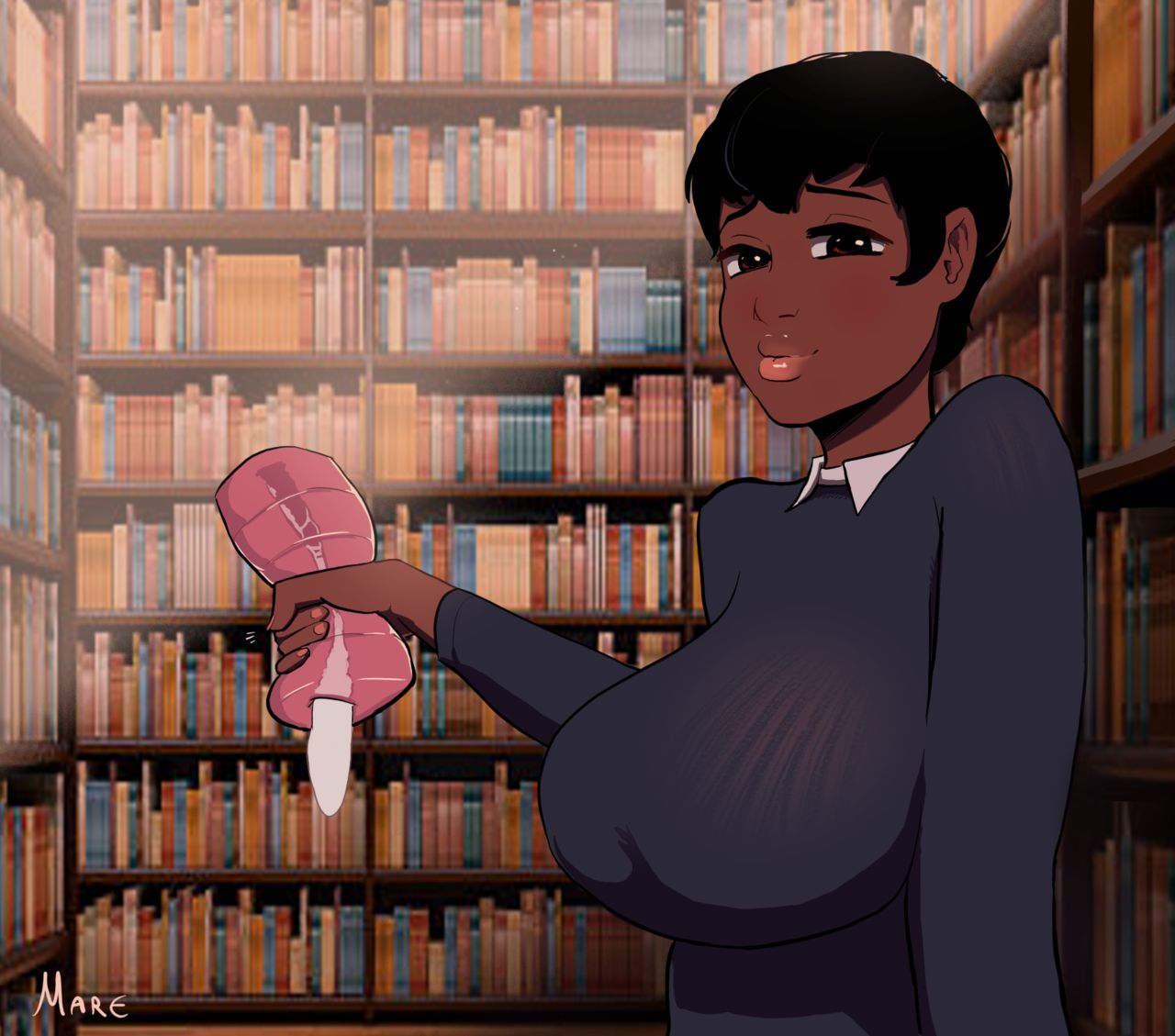 1girls clothed clothed_female cum dark-skinned_female dark_skin female female_only fleshlight leaking_cum library mare_ten onahole pixie_cut public sex_toy sweater