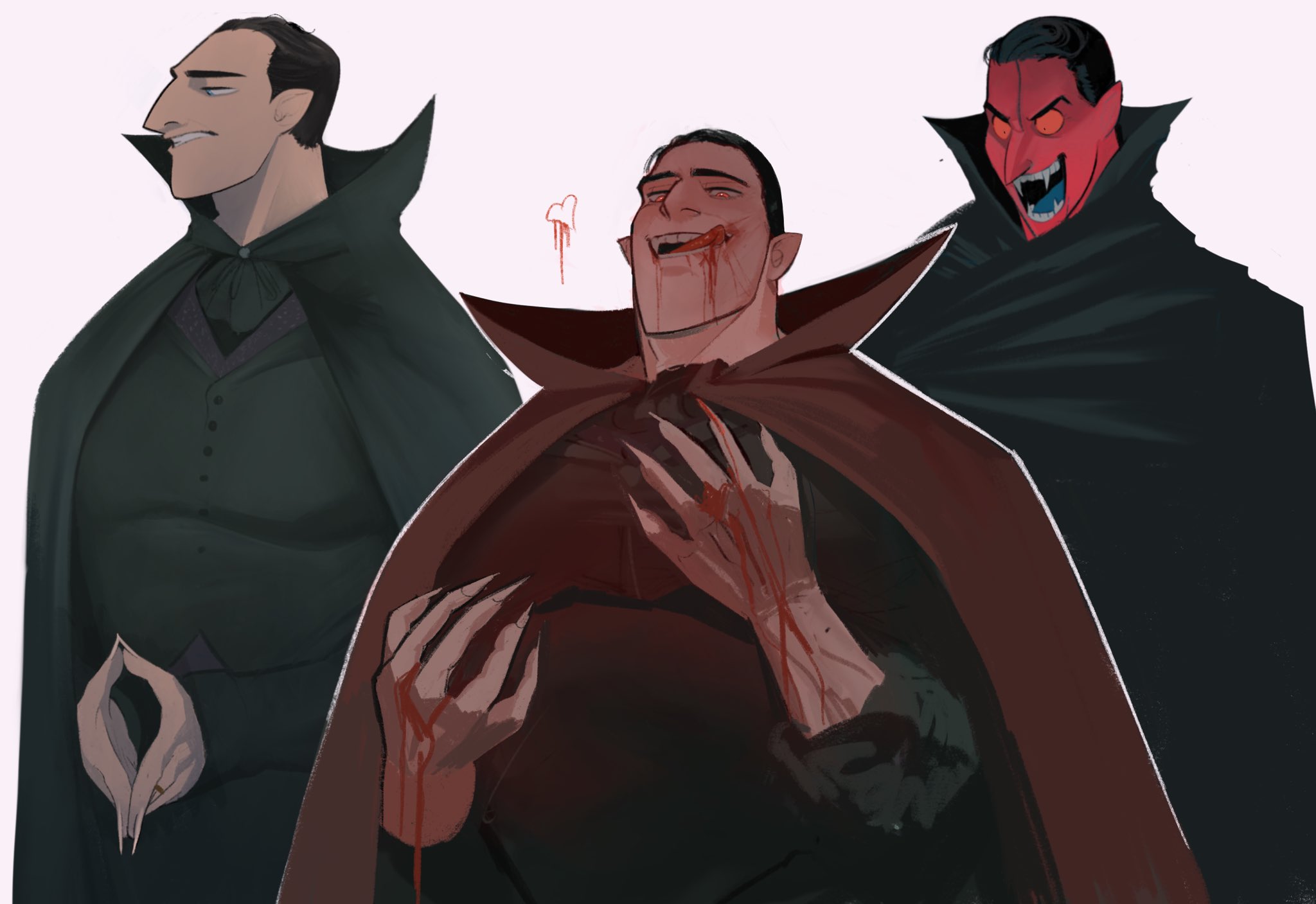 1boy, black hair, blood, blood on face, dilf, dracula (hotel transylvania), hotel transylvania, infestedcake, light skin, light-skinned male, long nails, male, male focus, male only, muscles, muscular, muscular male, red eyes, solo, solo male, tongue, tongue out, vampire