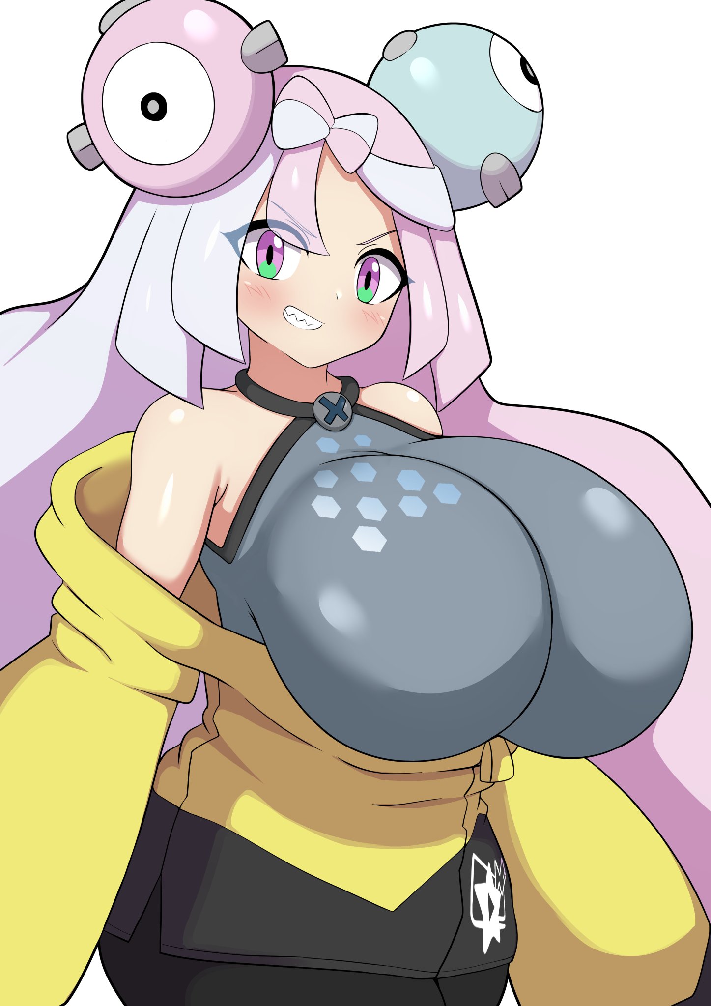 1girls, 2022, bare shoulders, big breasts, blush, blushing, blushing at viewer, breasts, busty, clothed, clothed female, clothes, clothing, curvy, curvy female, curvy figure, female, front view, fully clothed, game freak, hair ornament, hairbow, hi res, huge breasts, human, iono (pokemon), jaga334, large breasts, light skin, light-skinned female, long hair, long sleeves, looking at viewer, multicolored hair, nintendo, pink hair, pokemon, pokemon sv, purple eyes, sharp teeth, simple background, smile, smiling, smiling at viewer, solo, straight hair, sweater, tank top, teeth, two-tone hair, very long hair, voluptuous, white background, wide hips