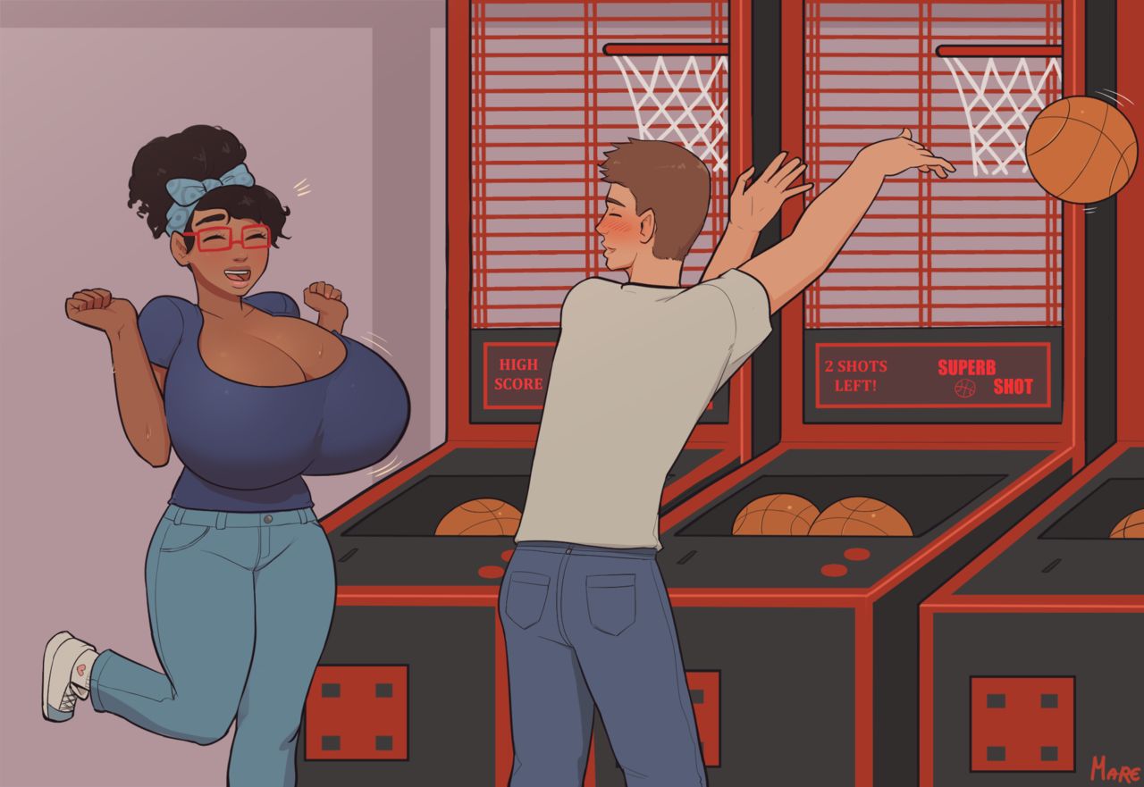 1boy 1girls 2d arcade basketball big_breasts blush boyfriend-girlfriend breasts_bigger_than_head cheering cleavage clothed dark-skinned_female dark_skin distracted female glasses huge_breasts light-skinned_male mare_ten public top_heavy