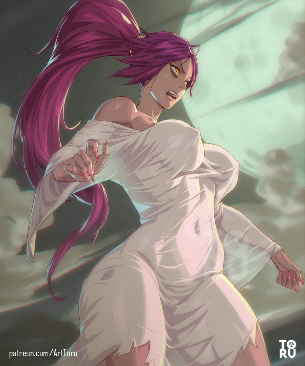 1girls 2022 alternate_version_available arttoru big_breasts bleach bulging_breasts curvy_figure dark-skinned_female dark_skin erect_nipples_under_clothes erection_under_clothes female female_only looking_at_viewer nipple_bulge ponytail purple_hair shihouin_yoruichi shounen_jump solo tagme voluptuous_female