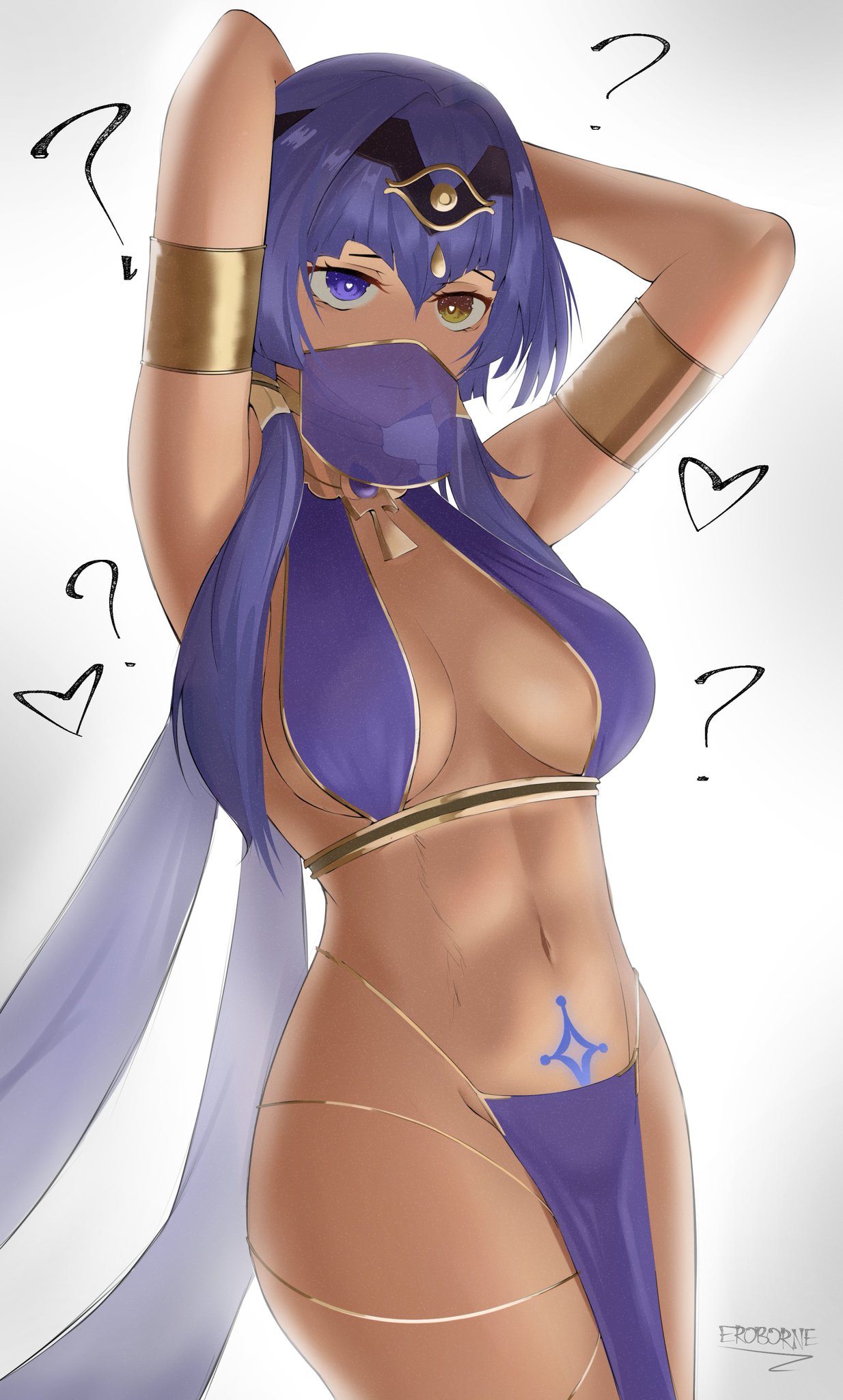 arms behind head, arms up, blue eye, breast curtains, breasts, candace (genshin impact), dancer outfit, eroborne, female, female only, genshin impact, harem outfit, heart-shaped pupils, heterochromia, pubic tattoo, revealing clothes, skimpy clothes, tan skin, tan-skinned female, veil, yellow eye