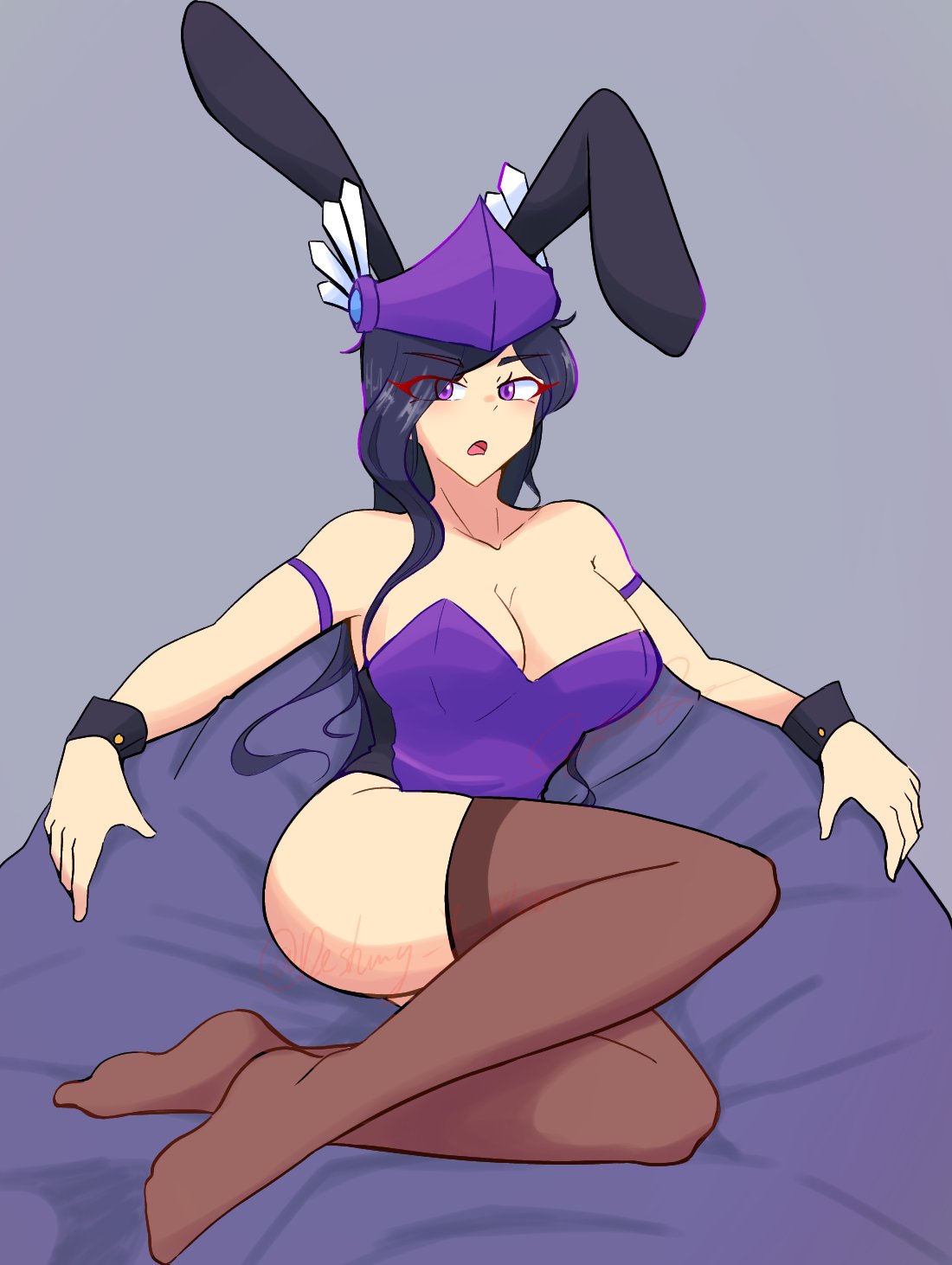 1girls, bean bag chair, big breasts, black hair, breasts, bunny ears, bunnysuit, cuffs, desti n moon, developerella, female, purple valk, roblox, roblox avatar, robloxian, stockings, surprised, tagme