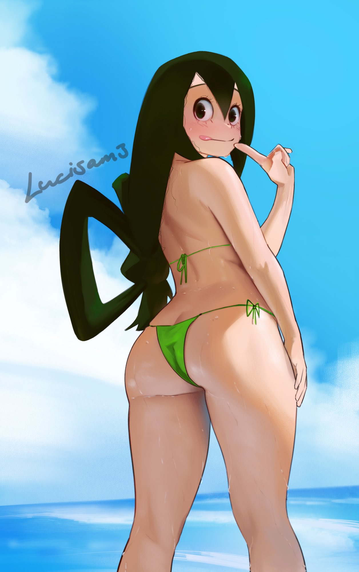 1girls, 2022, ass, back view, bikini, bubble ass, bubble butt, female, g string, green hair, green-haired female, long hair, looking at viewer, looking back, lucisam, my hero academia, shounen jump, solo, swimsuit, tagme, tsuyu asui, wet skin