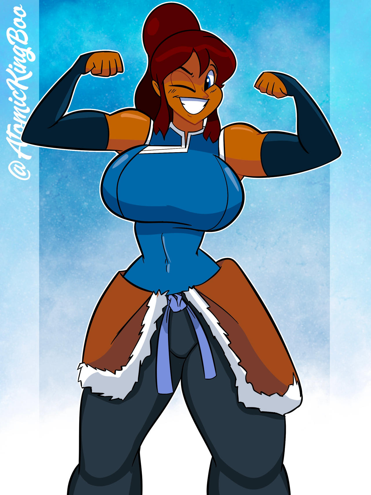 1girls artist_name athletic athletic_female atomickingboo avatar_legends breasts brown_body brown_skin bubble_butt bust busty clothing cosplay costume curvy dark-skinned_female dark_skin digital_illustration double_biceps_pose female female_focus female_only flexing flexing_bicep full_body hips hourglass_figure korra_(cosplay) large_breasts legs lips lipstick lower_body mature mature_female muscular original_character paulinda_sherwoods red_hair solo the_legend_of_korra thick_legs thick_thighs thighs toned toned_female upper_body voluptuous waist water_tribe wide_hips