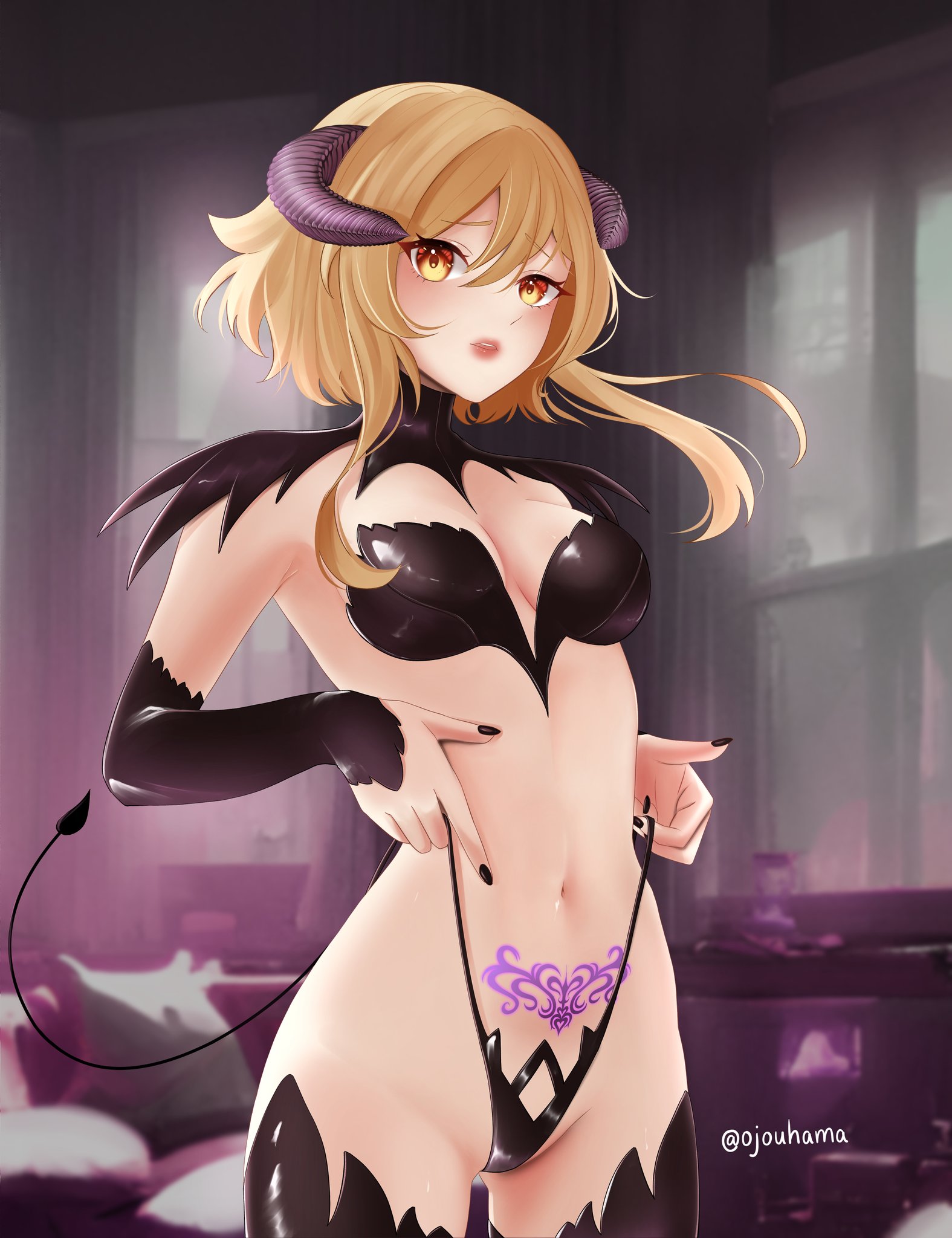1girls, black bra, blonde hair, demon, demon girl, demon tail, female, genshin impact, latex gloves, lumine (genshin impact), ojouhsama, pulling thong, short hair, succubus, succubus tattoo, tagme, thong