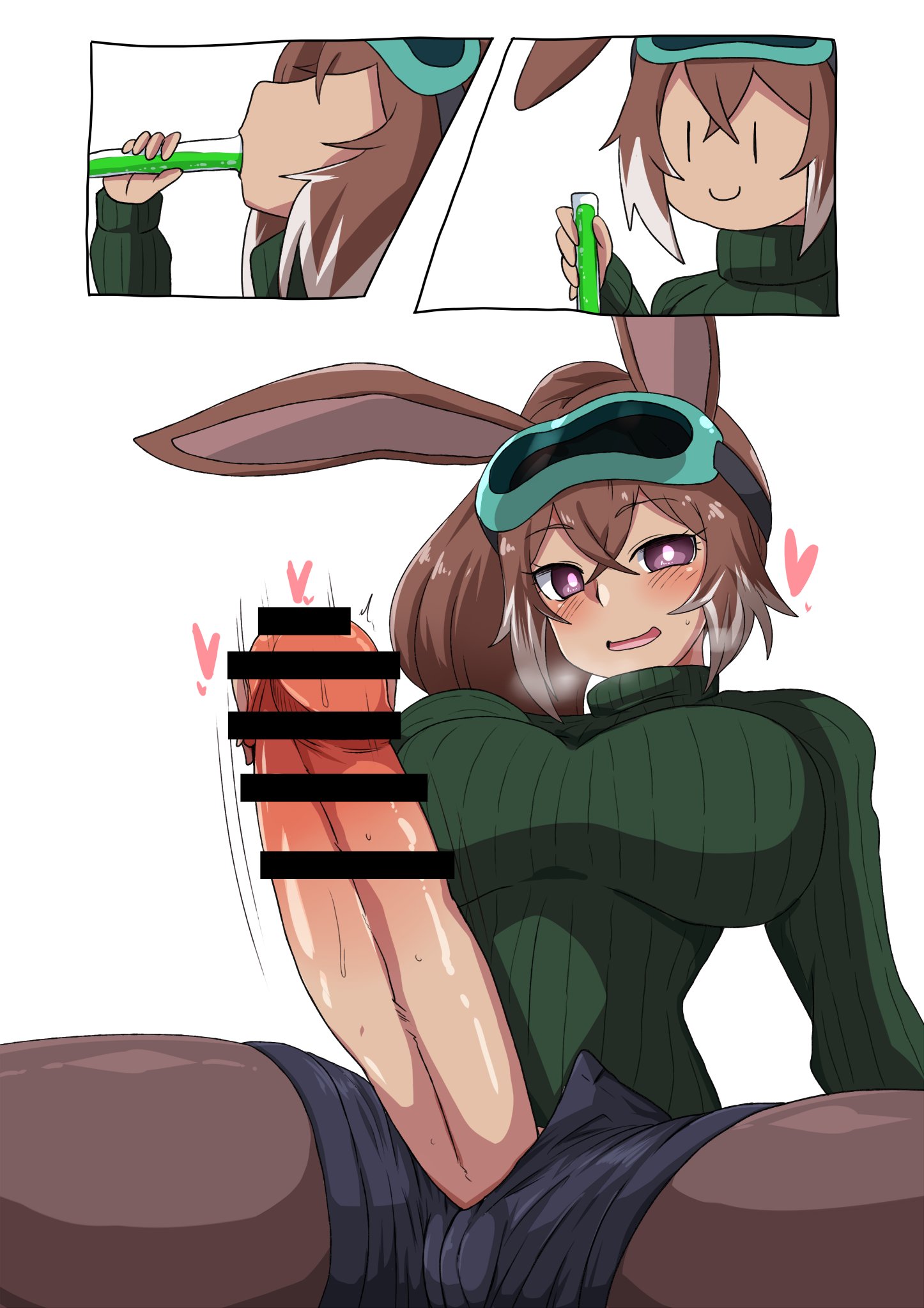 1futa, 2022, animal ears, balls, bar censor, big balls, big breasts, breasts, brown hair, bunny ears, bunny girl, censored, clothed, clothing, drinking, erection, female, female to futa, futa only, futa transformation, futanari, goggles, huge cock, humanoid, humanoid penis, implied transformation, intersex, katuragi0209, kemonomimi, light skin, light-skinned futa, long hair, mostly clothed, penis, penis out, potion, short shorts, shorts, sitting, solo, spread legs, sweater, transformation, turtleneck