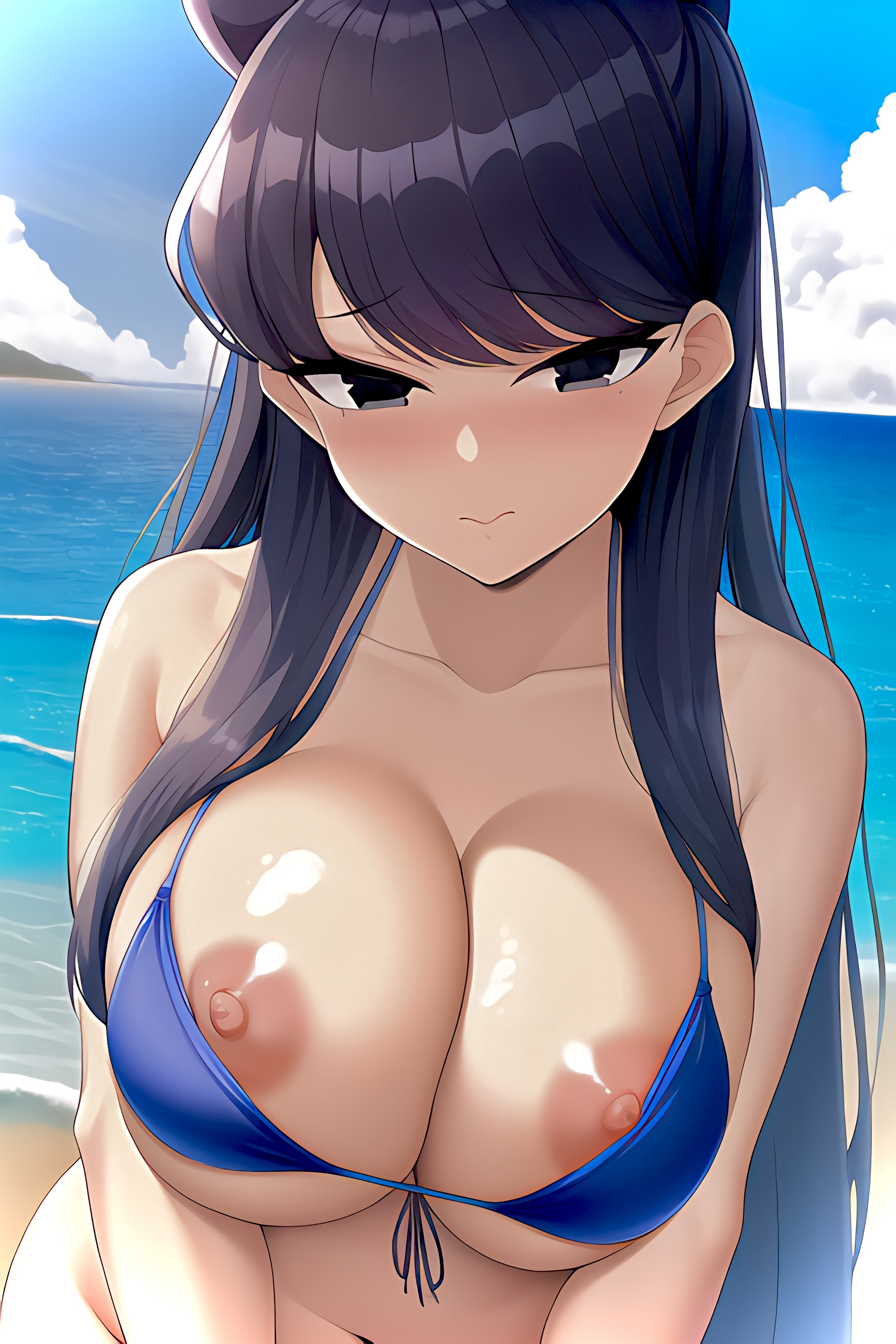 1girls, ai generated, beach, big breasts, bikini, black hair, blush, breasts, breasts out, embarrassed, exposed breasts, female, komi shouko, komi-san wa komyushou desu, looking at viewer, nai diffusion, nipples, stable diffusion
