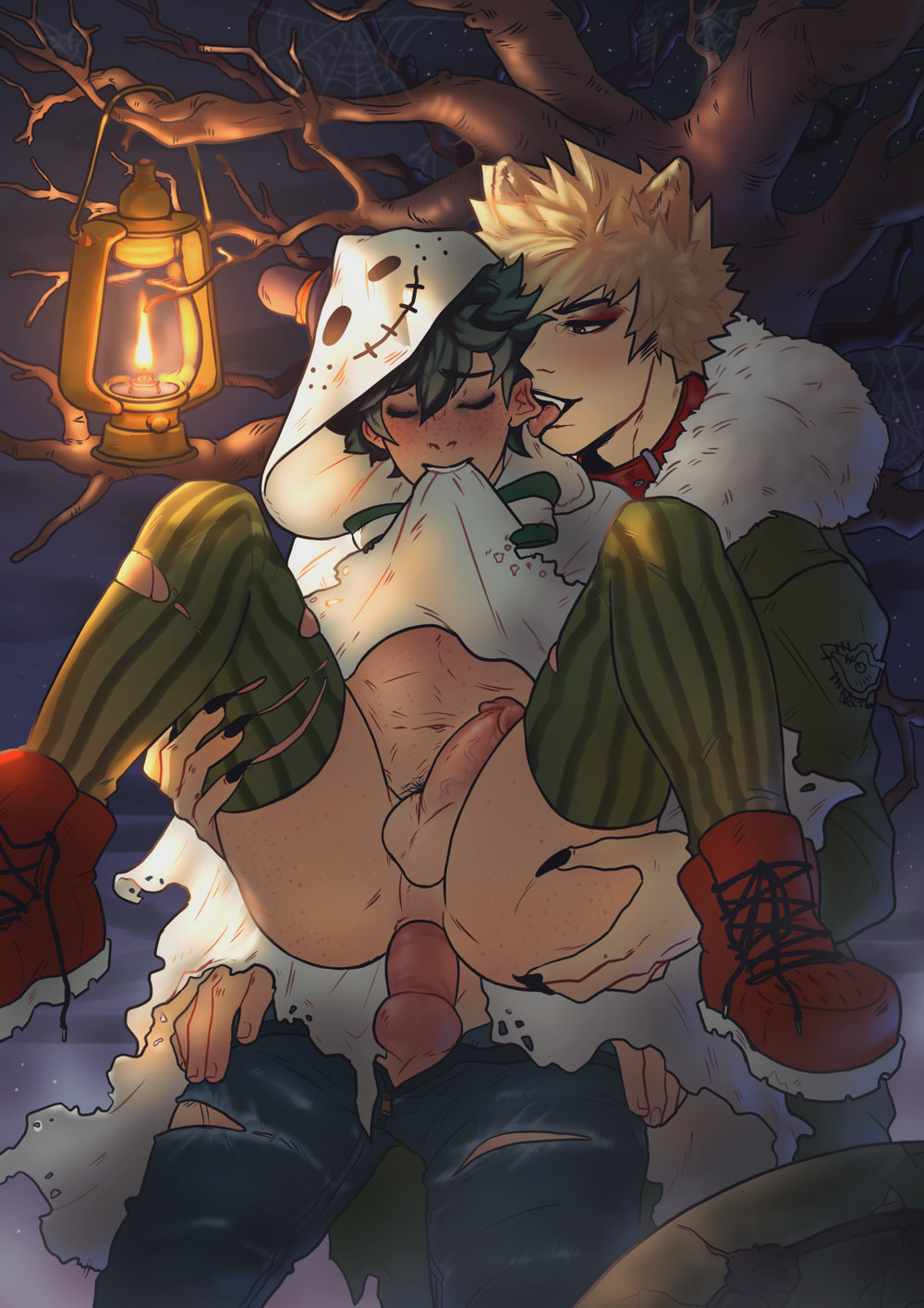 2boys anal anal_sex blonde_hair clothed costume erect_penis gay_sex ghost ghost_boy green_hair halloween halloween_costume izuku_midoriya katsuki_bakugou licking_ear male male_only male_penetrating my_hero_academia night penis ripped_clothing sex spacenipnops stand_and_carry_position standing_sex stockings thighhighs werewolf wolf_boy wolf_ears yaoi