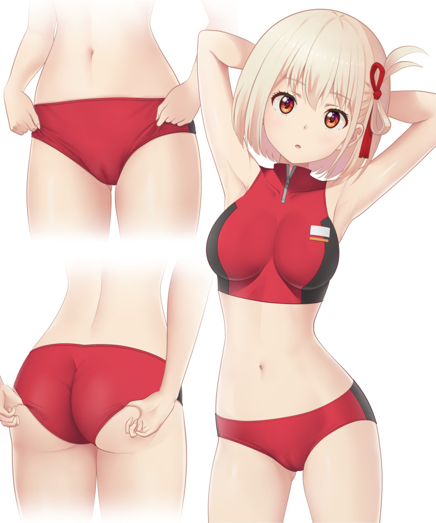 :o adjusting_buruma adjusting_clothes armpits arms_behind_head arms_up ass blonde_hair breasts buruma cameltoe female gluteal_fold highres large_breasts looking_at_viewer lycoris_recoil midriff multiple_views nanikairu navel nishikigi_chisato parted_lips pasya-pasya red_buruma red_eyes red_ribbon ribbon short_hair simple_background sports_bra stomach thighs track_uniform wedgie white_background zipper zipper_pull_tab