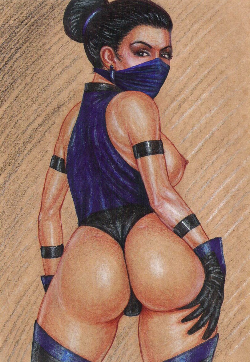 1girls 2d ass big_ass black_hair breasts cowboy_shot edithemad erect_nipples hair_bun kitana klassic_kitana looking_at_viewer looking_back mask masked mortal_kombat mortal_kombat_3 pinup seductive sideboob solo traditional_media_(artwork)