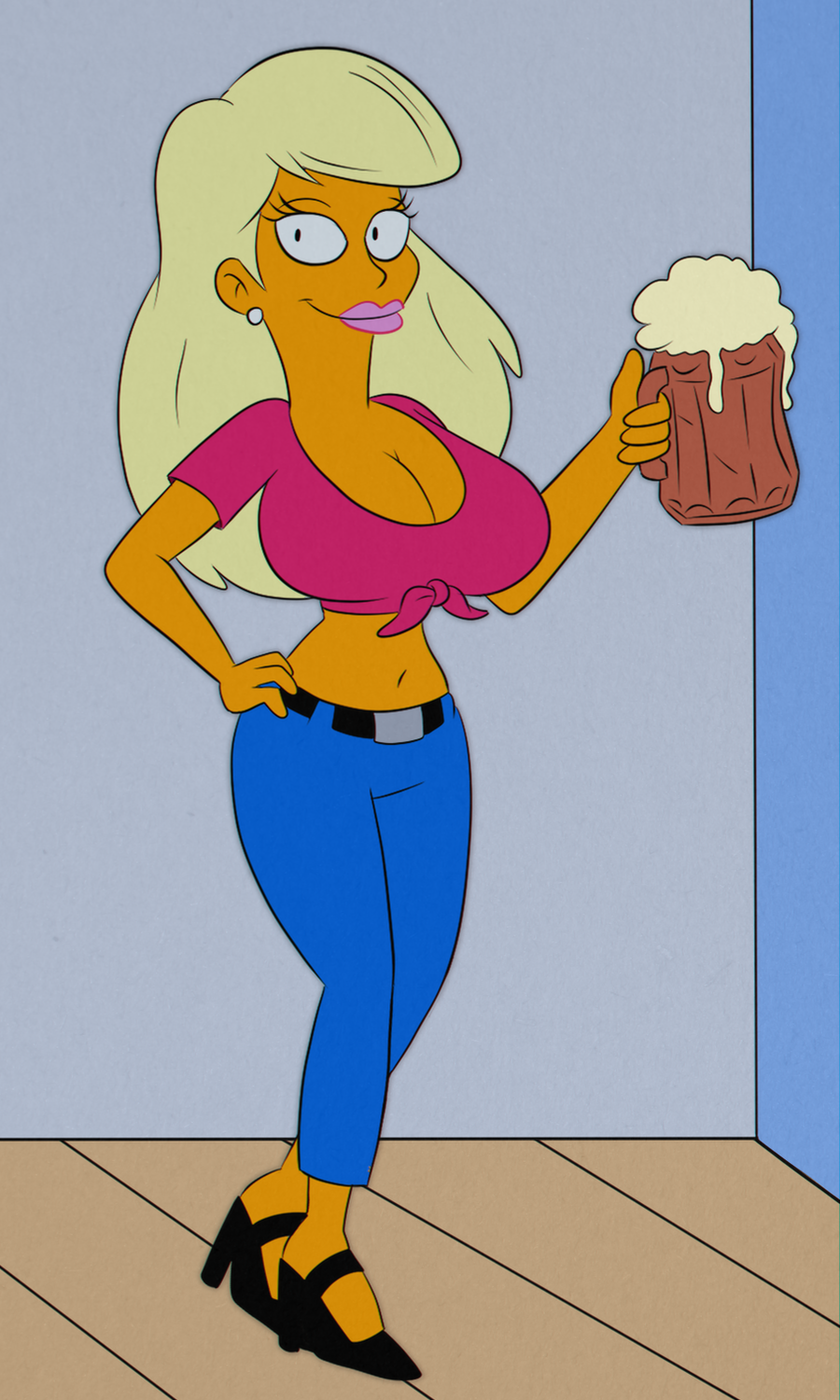 1girls 2019 alcohol beer beer_mug belt belt_buckle black_eyes breasts cleavage drink duff_beer ear_piercing earrings eyebrows eyelashes female female_only foam hand_on_hip heels high_heels holding holding_object huge_breasts jeans large_breasts lipstick long_hair midriff mug navel piercing scobionicle99 solo the_simpsons titania_(the_simpsons) yellow_body yellow_skin